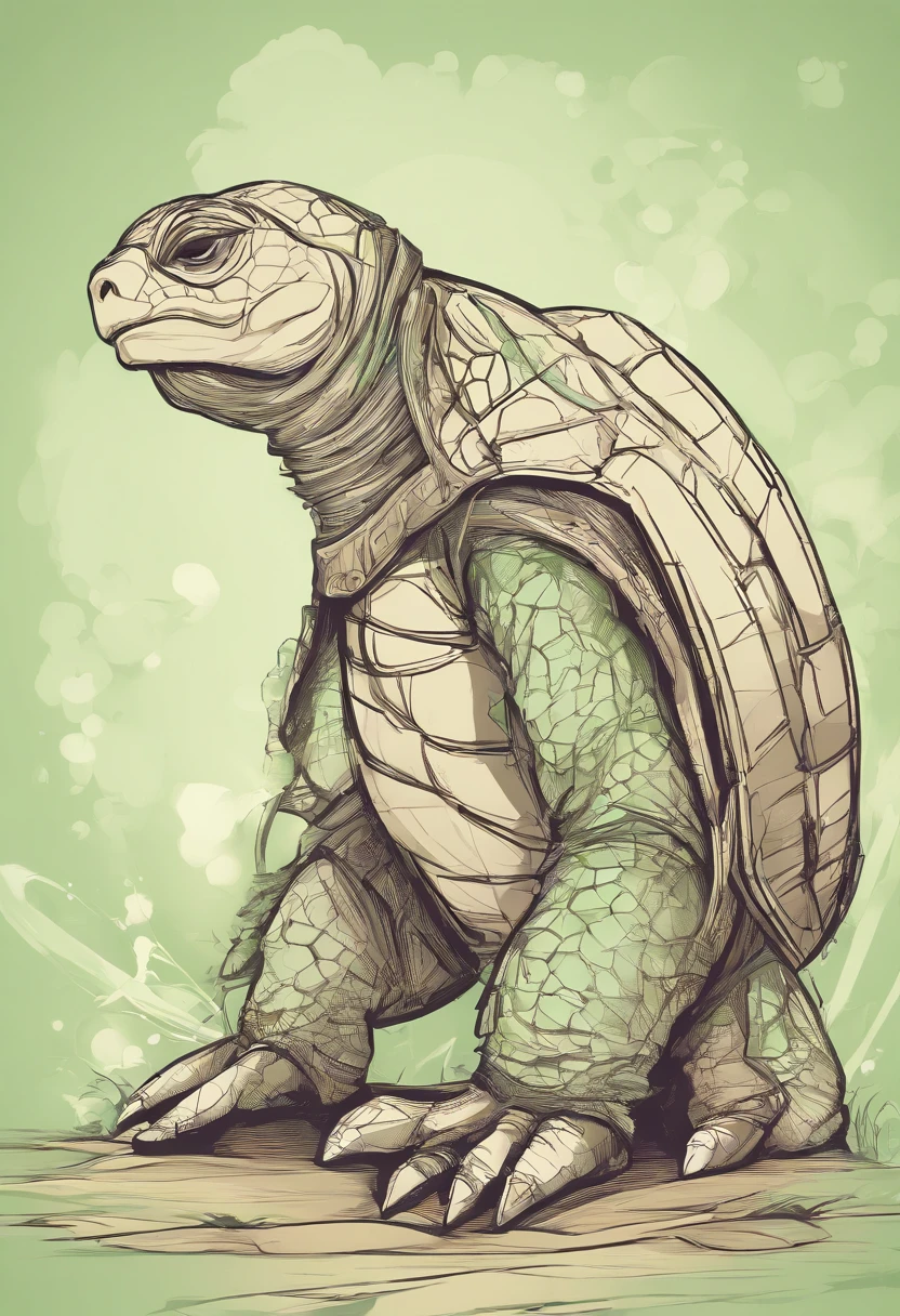 anthropomorphic turtle,fundo verde,olhar sonolentao, fundo de tela simples,Green solid color background with hexagons design,Foto frontal de corpo inteiro,1 Homem Panda Hanfu Fofo,standing on her feet,corpo inteiro, sozinho,Fachada,Facing away from the audience, olhando no lado direito da tela, sorriso,Fundo bokeh,contraste de luz e sombra,flat illustration,estilo minimalista,4k