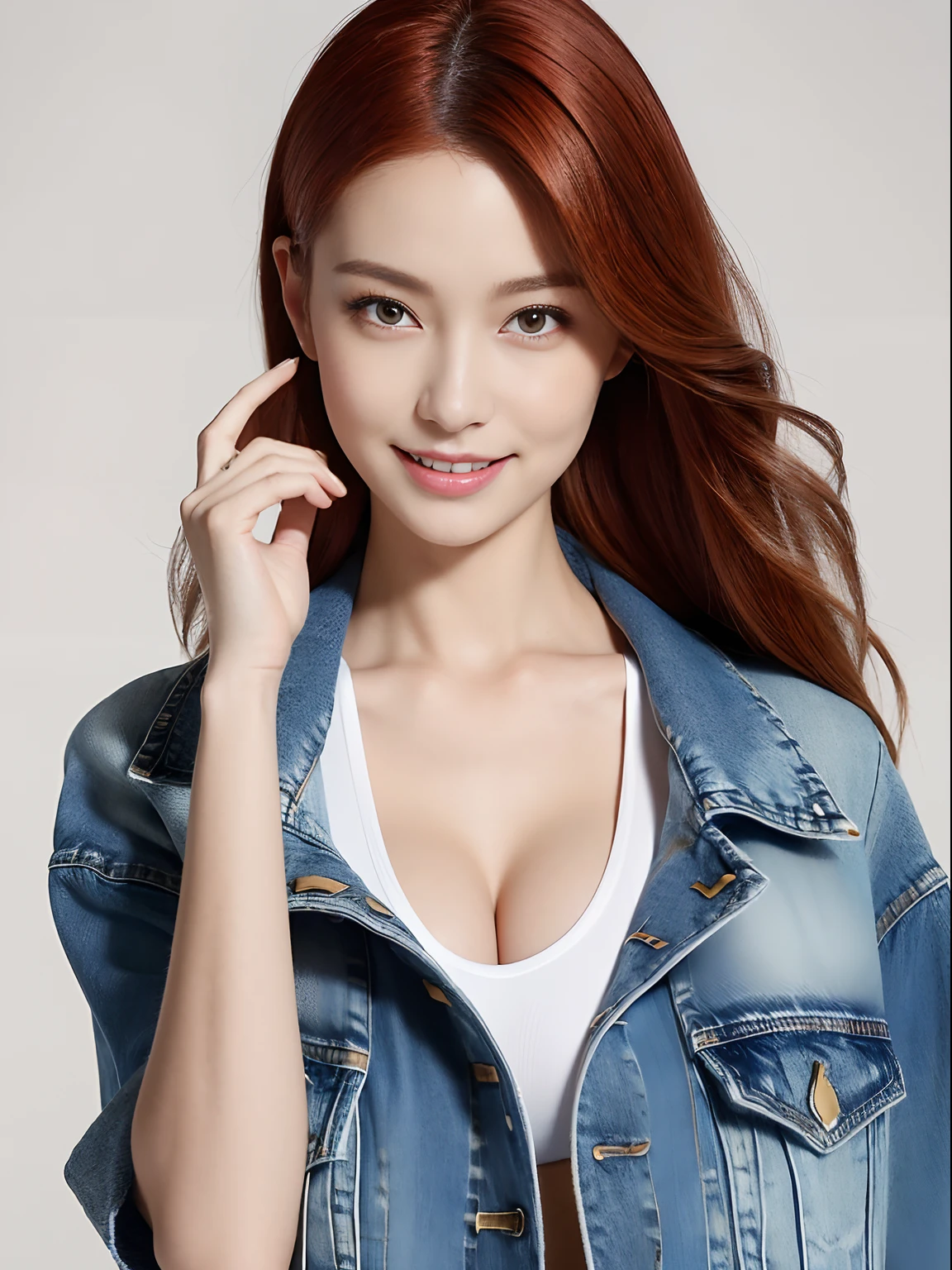 Masterpiece, highest quality, high resolution, (Best Quality, 8K, 32K, sfw:1.2), (1 slender young woman of Japan, 18 years old), (medium long length brown Curly hair), Bright foreground, amber eyes, Professional Lighting, Photon mapping, shading:1.3, (high-detail skin:1.2), equal sized breasts, Huge breasts:1.5, ((Provocative Dynamic Poses)), hyperdetailed face, Detailed lips, Detailed eyes, Double eyelids, Looking Camera, (Sensual gaze on the photographer), High quality, 4K, (massive breast:1.5), sexy, no freckles, no moles, spotless body, detailed face, detailed mouth, detailed teeth, detailed eyes, detailed breast, 2 hands with perfect fingers, tall body, slim body, thin waist, beautiful face, perfect skin, strong abs, hide hands, ((full body picture)), bubble butt, make up, erotic photoshoot, fit, ((professional at photography lighting)), (natural breast), Photorealsitic, surrealistic, hands are out of view, can’t see hands, can’t see fingers, cleavage, beauty, pretty, beautiful breasts, happy smile, perfect teeth, perfect lips, beautiful teeth, (((hyperrealistic photograph))), (no logo), (no text),(no watermark),(no signature), (perfect face, no wrinkle), (no sagging breast), ((full body photo)), (in Coca Cola commercial), (no one in background), (no bang on hair), ((wearing a white t-shirt featuring a fun Coca Cola graphic or logo design, Pair it with denim shorts, white sneakers, a denim jacket tied around the waist not worn, tied up hair with red hair clip))
