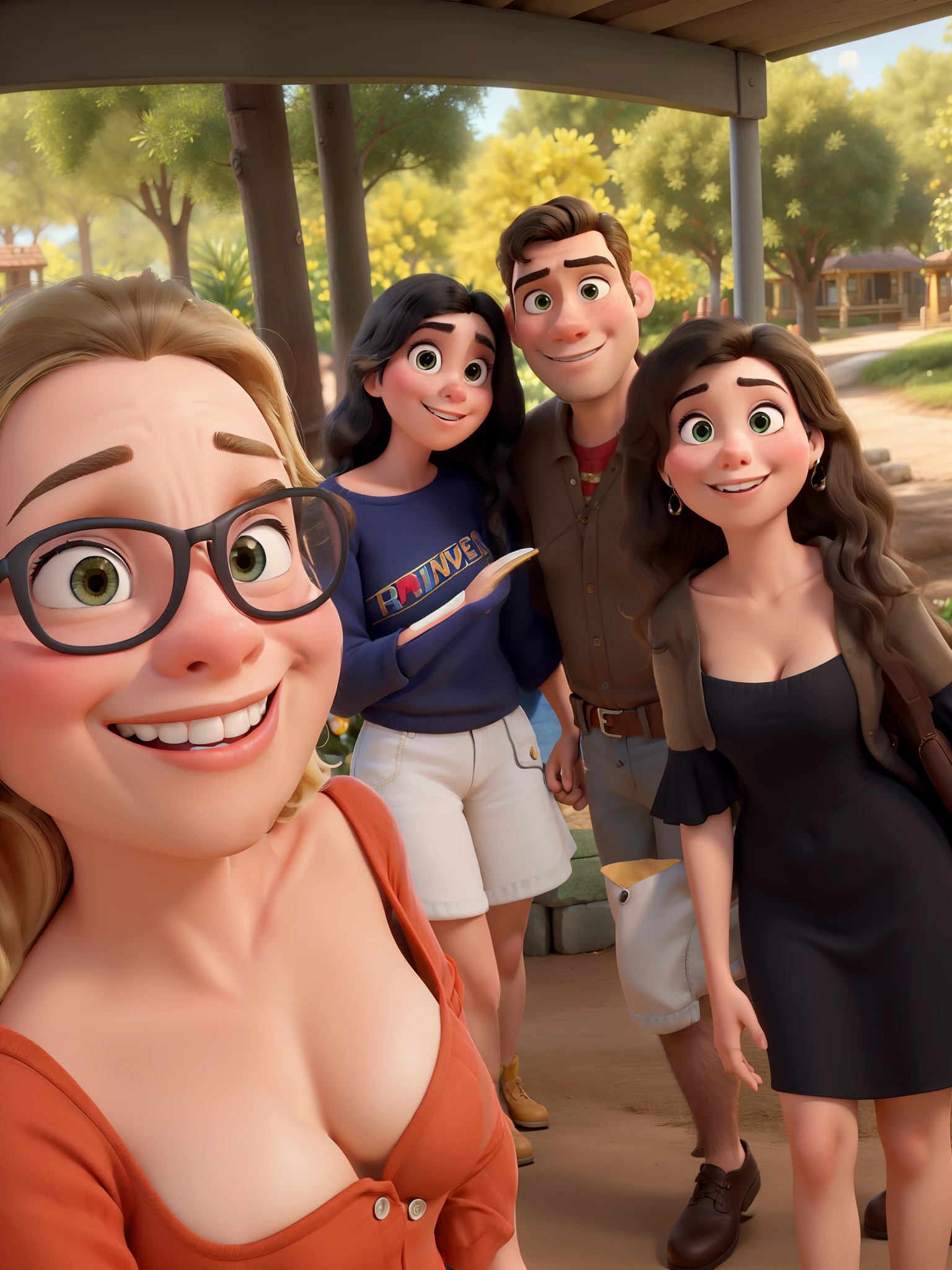 Obra-prima ao estilo Disney/Pixar in high quality and high resolution. The woman in the front is blonde and the man has black hair.