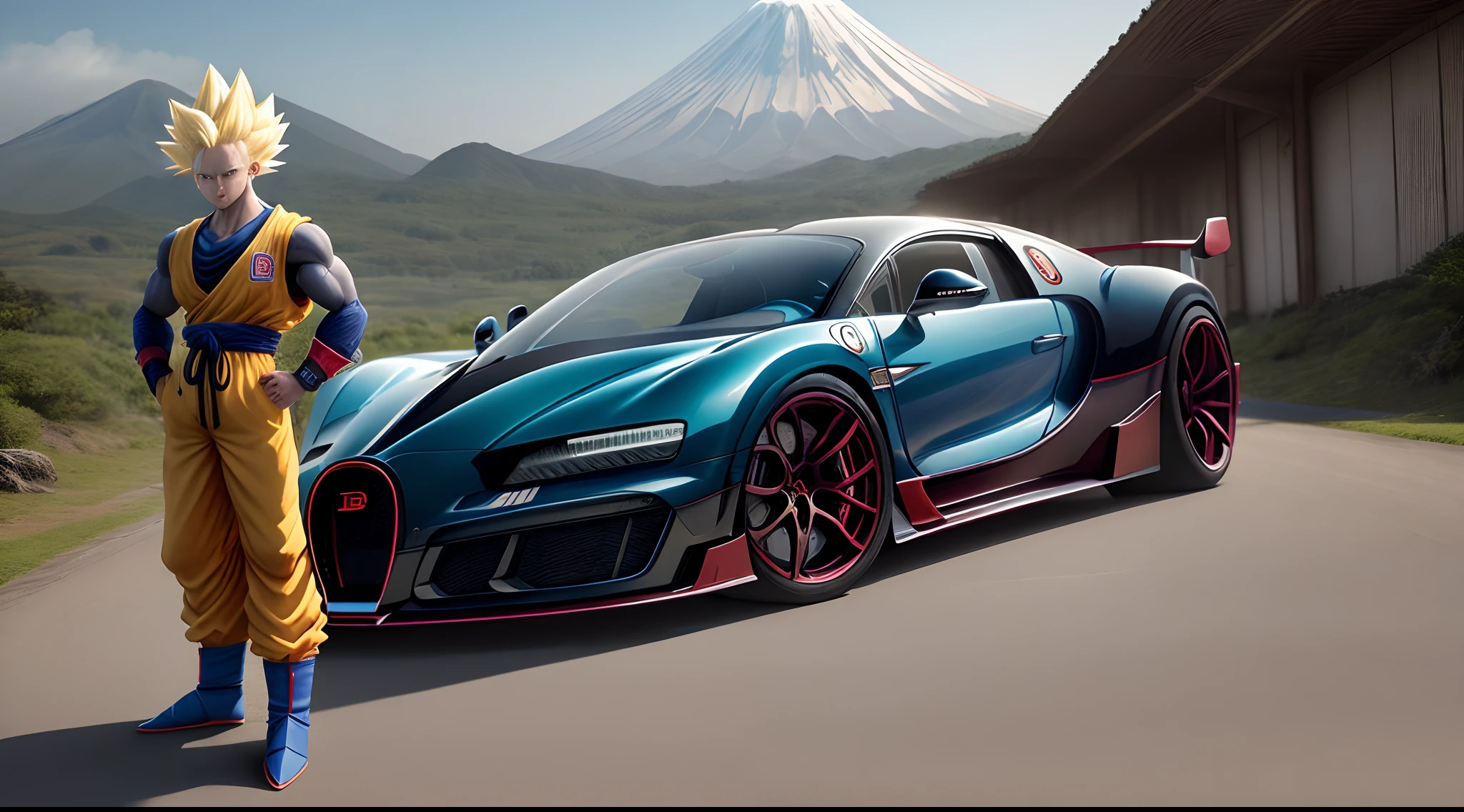 Gokuh, super Saiyan, hiperrealista, mucha calidad, Standing, el fondo detallado con el monte fuji, it has a hyper-realistic red Bugatti chirona right behind it