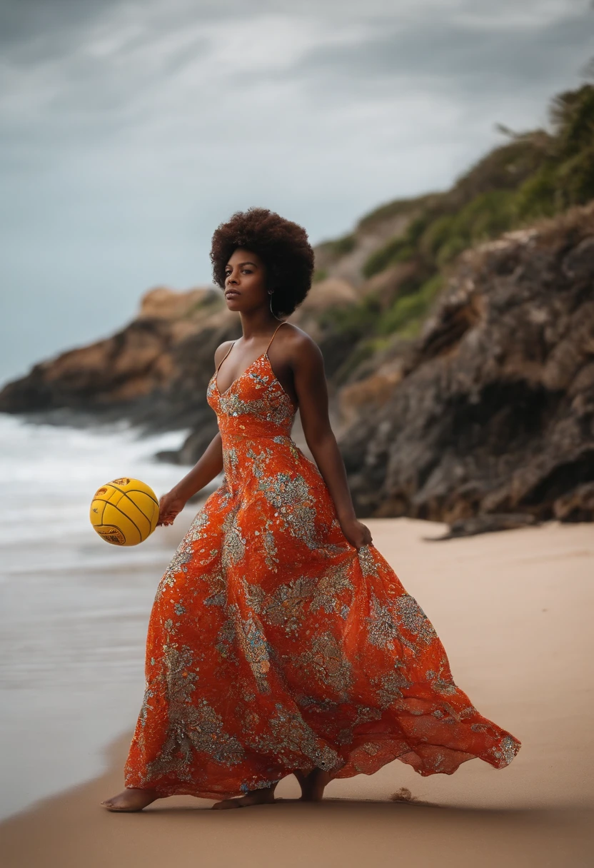 A black girl on the beach, olhando o mar, de vestido florido, cabelos grisalhos de, de tenis branco.