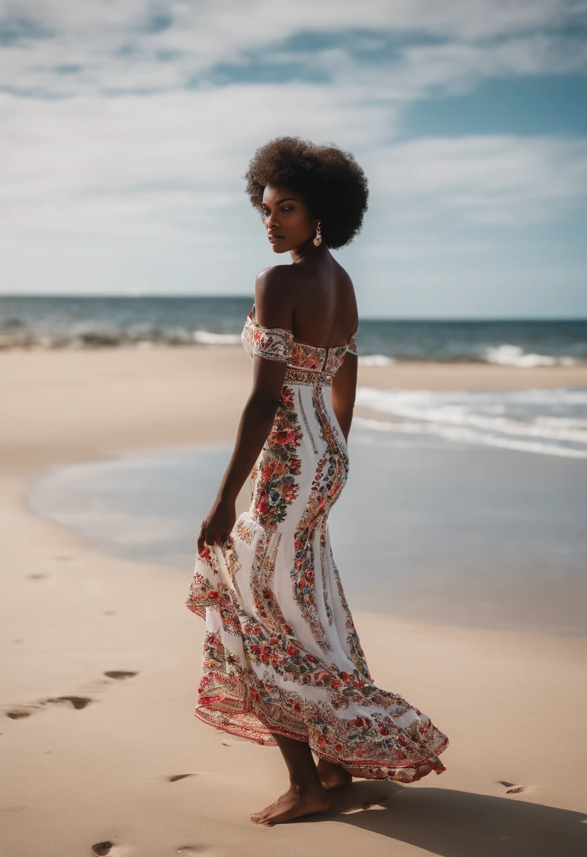 A black girl on the beach, olhando o mar, de vestido florido, cabelos grisalhos de, de tenis branco.