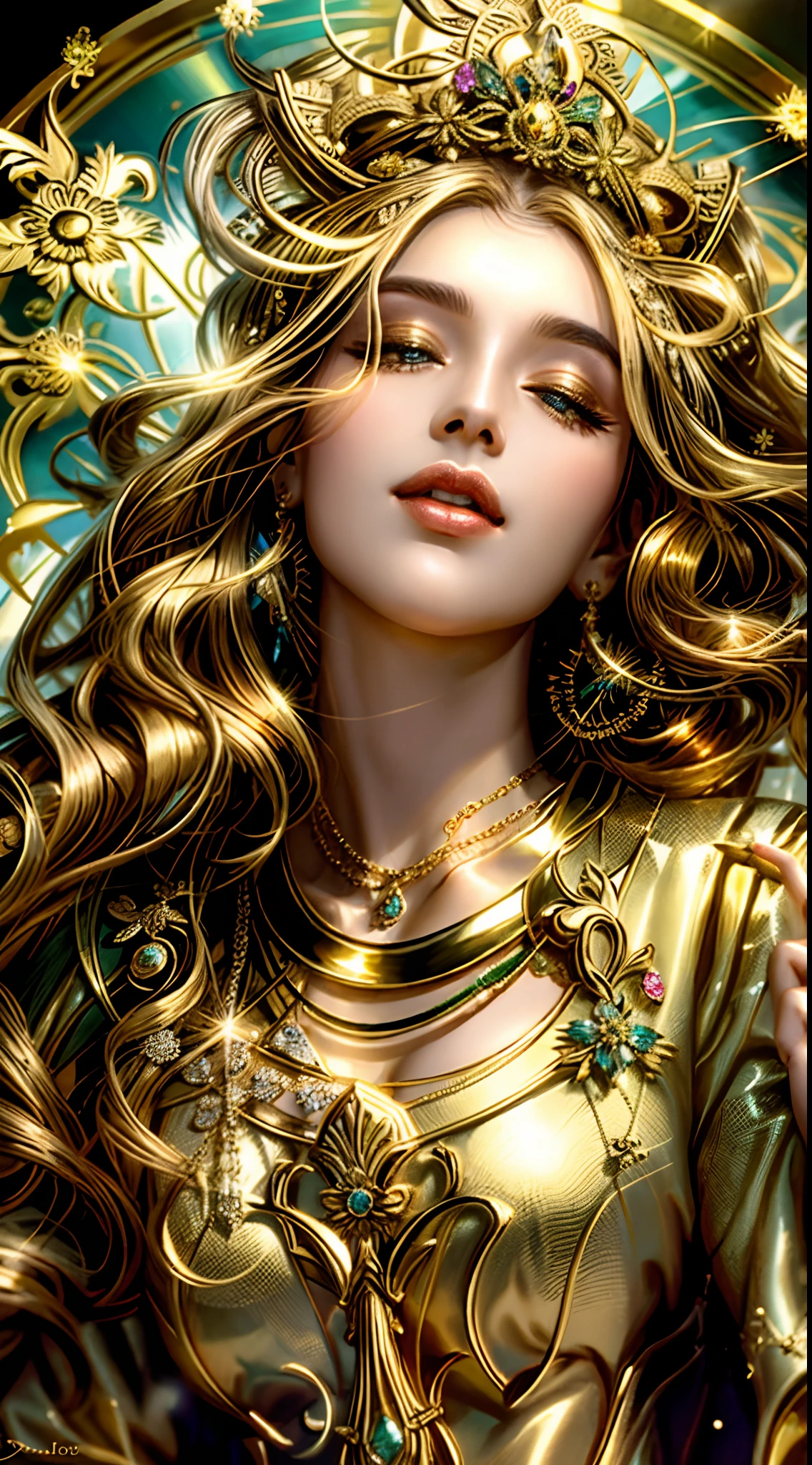 um close up de uma mulher com longos cabelos loiros usando um colar de ouro( olhos azuis), karol bak uhd, coberto de ouro, adornos dourados, Golden jewelry, estilo de karol bak, adornos dourados, deusa. Detalhes extremamente altos, Draped in shiny golden oil, joias de ouro, dourado com ouro, Art Nouveau hiperrealista, Ouro Jewerly, joias de ouro