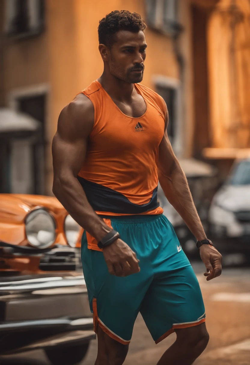Homem correndo, atleta, camisa laranja, imagem Ultra realista