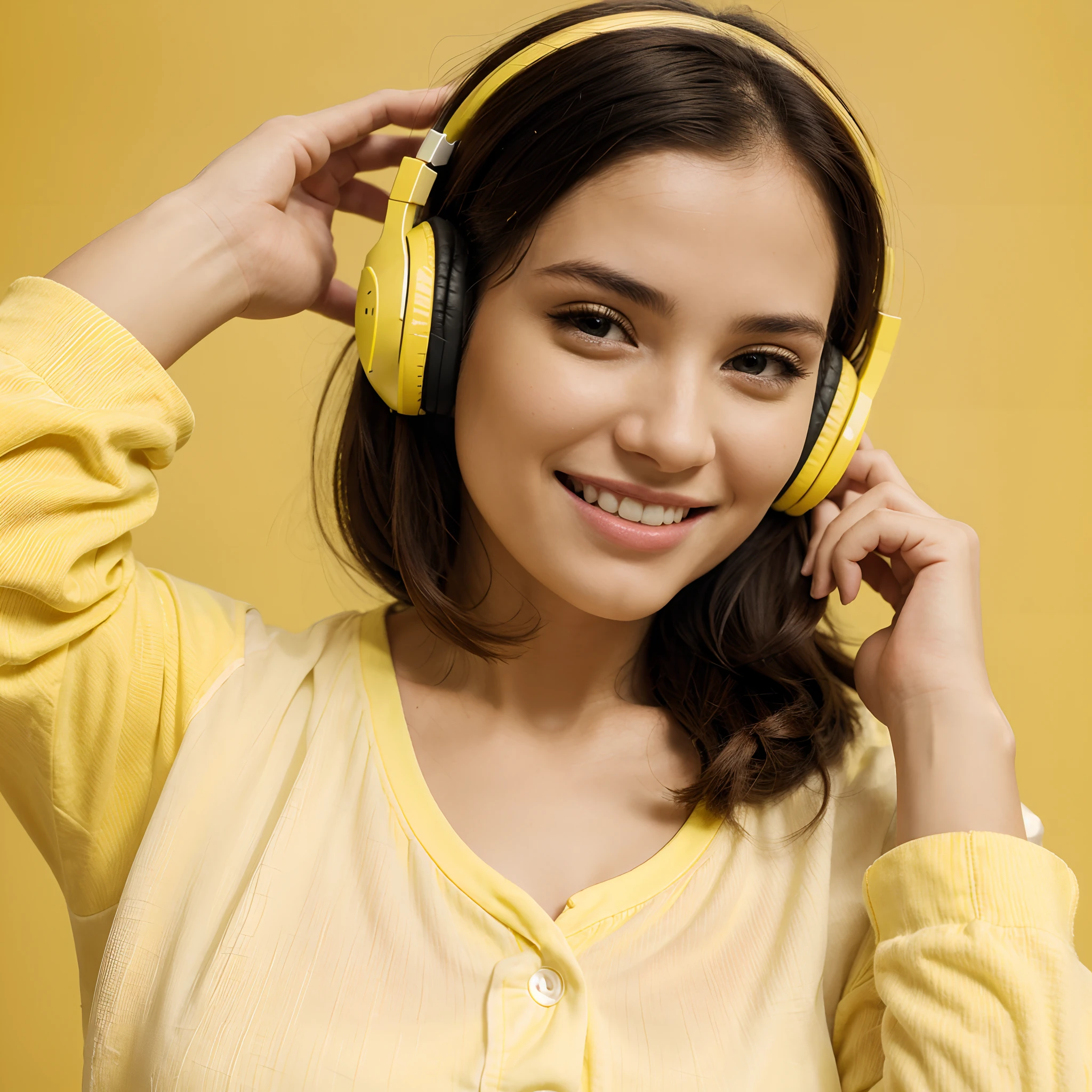 Beautiful woman listening to music with headphone happy smiling with clothes in yellow color high quality and white background