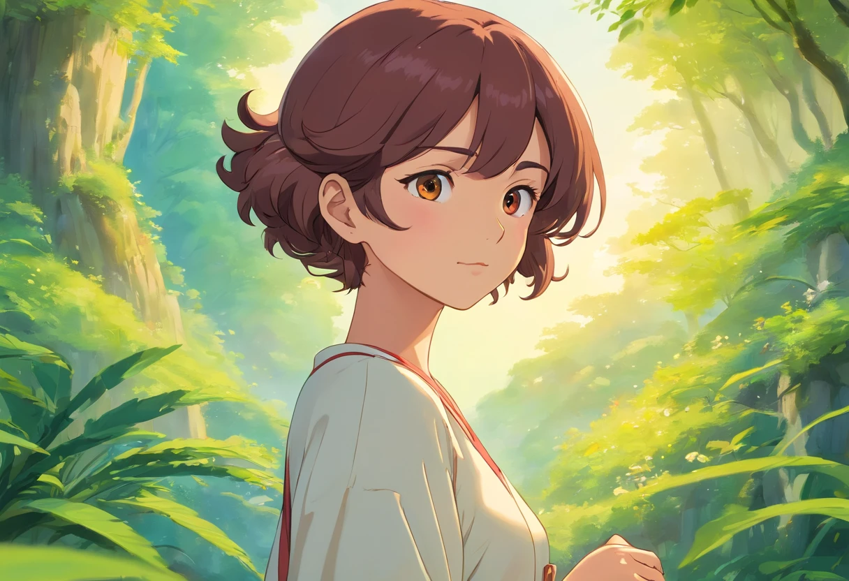 personagem estilo Hayao Miyazaki com as seguintes caracteristicas: mulher, morena, cabelos pretos cacheados e longos, with a large cheekbone and a wide nose. She's standing in an empowered pose.