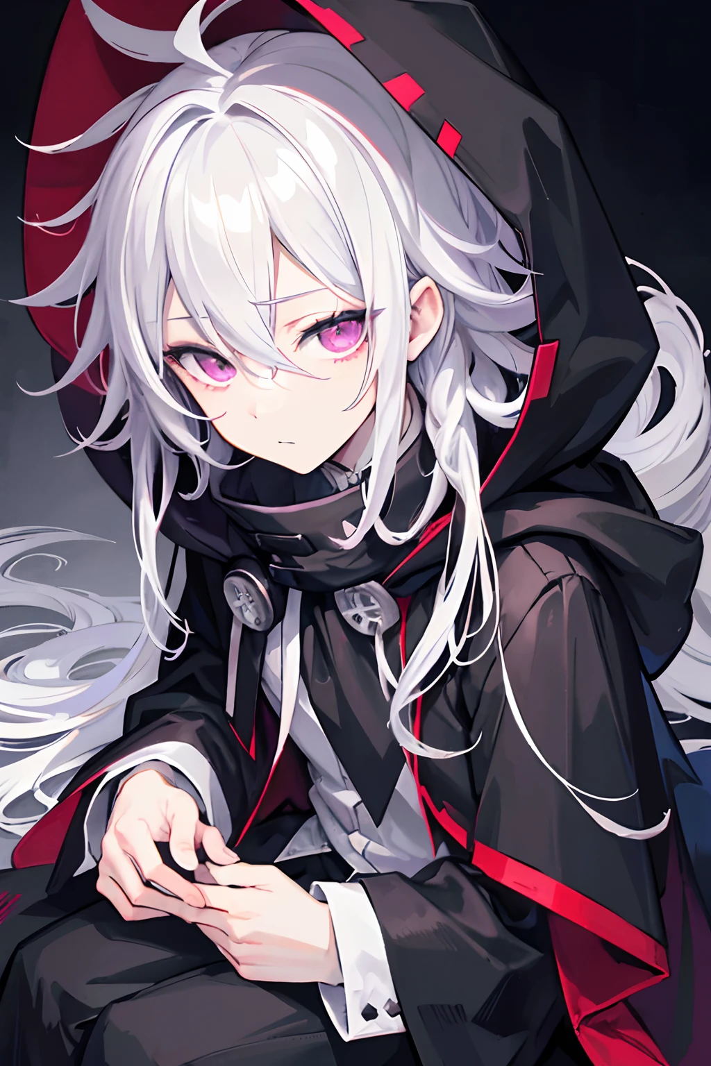 a close up of a person sitting down with a hood on, hajime yatate, nagito komaeda, he has dark grey hairs, white haired, male anime character, handsome drow, white-haired, white haired deity, portrait gapmoe yandere grimdark, tall anime guy with violet eyes, cloaked, high quality, joyful,