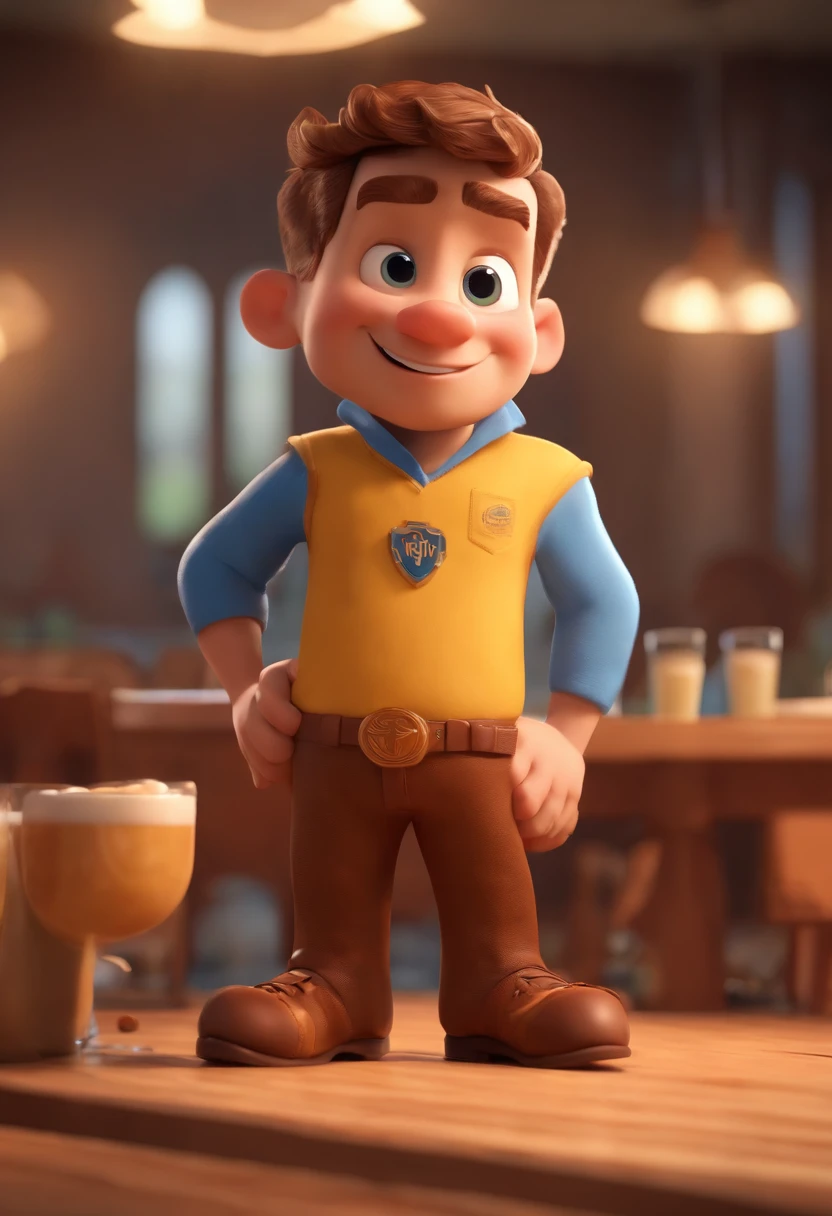 personagem dos desenhos animados de um homem sem cabelo e uma camisa amarela tomando cervejas , animation character, Caractere estilizado, animation style rendering, 3D estilizado, Arnold Maya render, 3 d render stylized, toon render keyshot, Personagem 3D, Personagem 3D, 3d rendering stylized, 3 d character render, personagem de desenho animado, Personagem de close up, Pose de personagem, (Estilo Pixar) (master part:1.2) (Bokeh) (best quality) (pele detalhada) (textura detalhada) (8k) (argila) (Cinematic lighting) (foco nítido