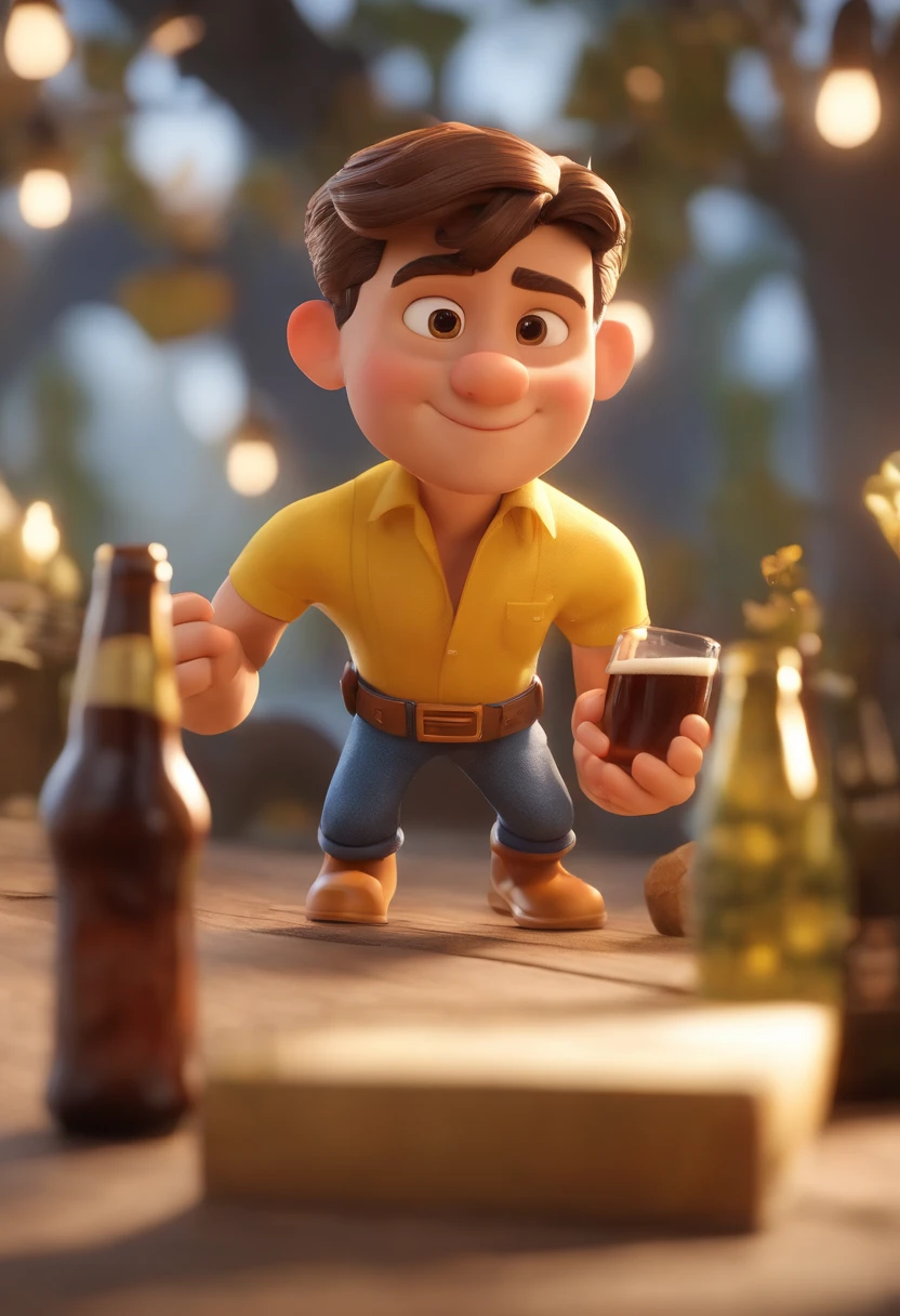 personagem dos desenhos animados de um homem sem cabelo e uma camisa amarela tomando cervejas , animation character, Caractere estilizado, animation style rendering, 3D estilizado, Arnold Maya render, 3 d render stylized, toon render keyshot, Personagem 3D, Personagem 3D, 3d rendering stylized, 3 d character render, personagem de desenho animado, Personagem de close up, Pose de personagem,  (Estilo Pixar) (master part:1.2) (Bokeh) (best quality) (pele detalhada) (textura detalhada) (8k) (argila) (Cinematic lighting) (foco nítido