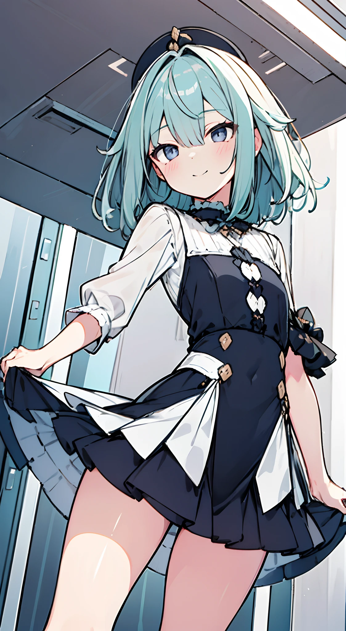 masuter piece, Best Quality,32K、Wallpaper, ultra -detail, Absurd beauty, 1beautiful girl、Big crisp eyes、Slender legs、Make your head smaller、miscievous smile、Angle looking up from below:1.5、♡♡♡、(Poses in motion)、thighs thighs thighs thighs、Medium short hair、inside in room