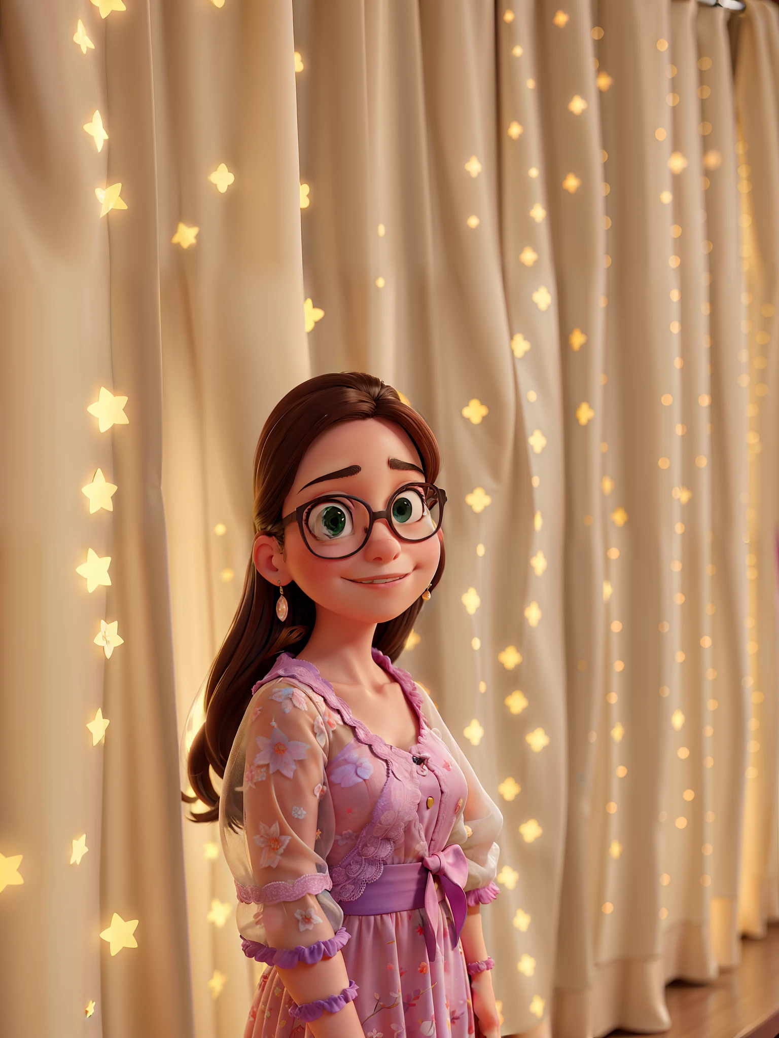 There's a woman in a dress and glasses in front of a curtain, ela tem cerca de 1 6 anos de idade, Alanis Guillen, taken in the early 2020s, 13 anos, na frente do fundo branco, 1 6 anos, Violeta Myers, girl with glasses, bokeh apenas em segundo plano, Por Reyna Rochin