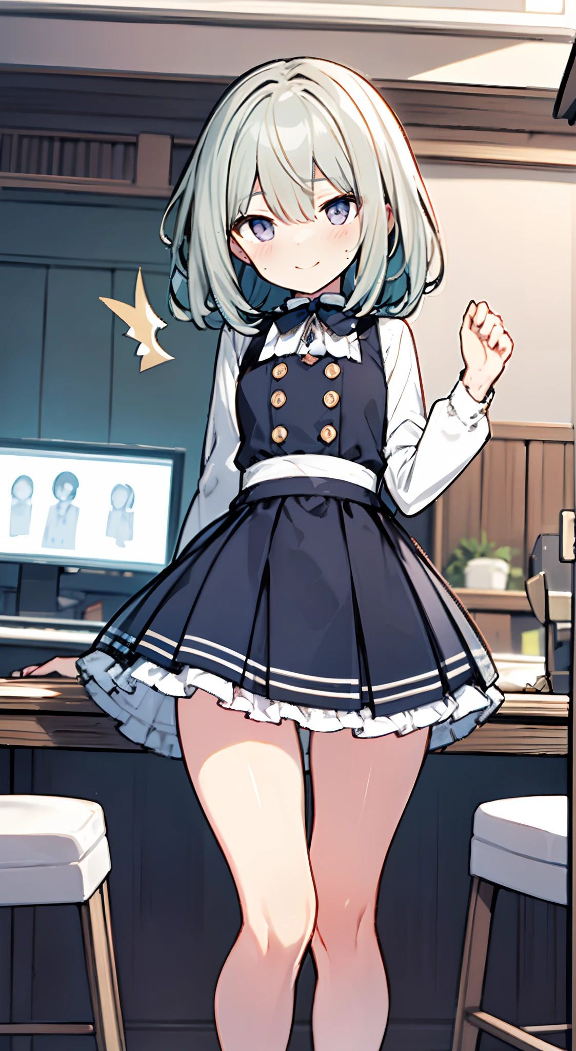 masuter piece, Best Quality,32K、Wallpaper, ultra -detail, Absurd beauty, 1beautiful girl、Big crisp eyes、Slender legs、Make your head smaller、miscievous smile、Angle looking up from below:1.5、♡♡♡、(Poses in motion)、thighs thighs thighs thighs、Medium short hair、inside in room