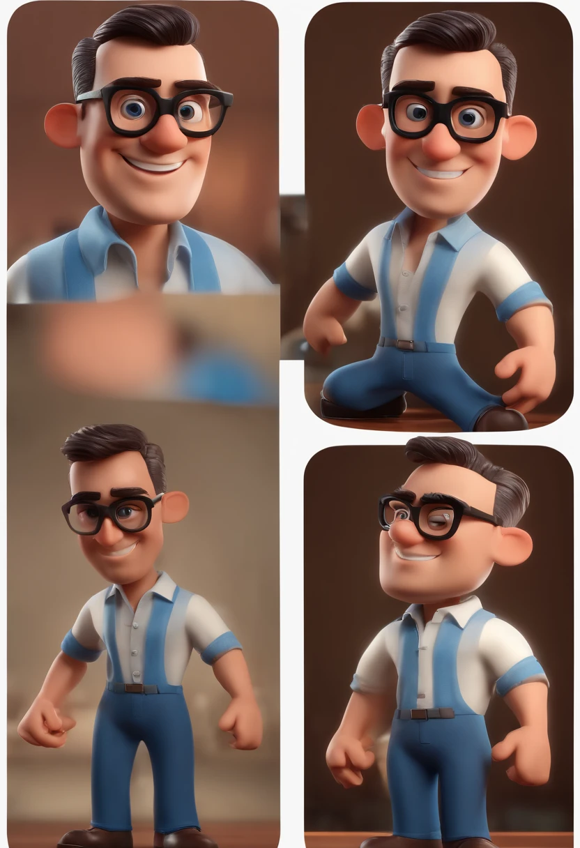 Cartoon character of a man with black glasses and a blue shirt, animation character, Caractere estilizado, animation style rendering, 3D estilizado, Arnold Maya render, 3 d render stylized, toon render keyshot, Personagem 3D, Personagem 3D, 3d rendering stylized, 3 d character render, personagem de desenho animado, Personagem de close up, Pose de personagem, (Estilo Pixar) (master part:1.2) (Bokeh) (best quality) (pele detalhada) (textura detalhada) (8k) (argila) (Cinematic lighting) (foco nítido