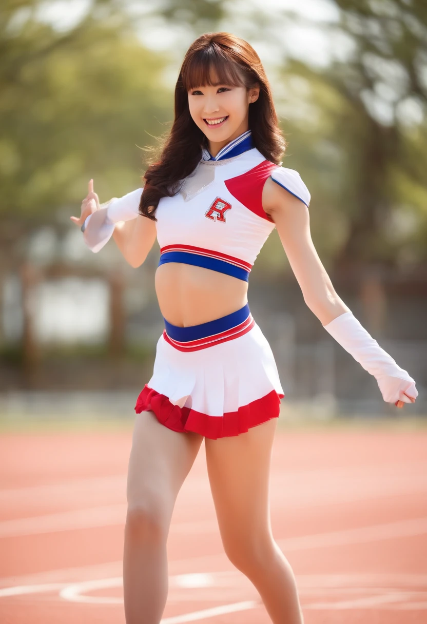 a Japanese high school cheer leader, shiny dancing tights, dancing, smiling, beautiful face, enough matured