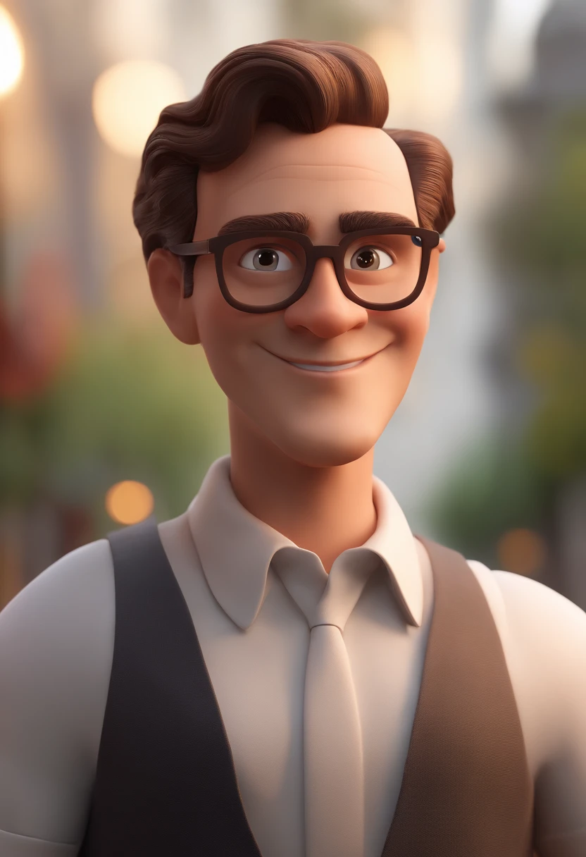 Cartoon character of a man with thin glasses and a white shirt, animation character, Caractere estilizado, animation style rendering, 3D estilizado, Arnold Maya render, 3 d render stylized, toon render keyshot, Personagem 3D, Personagem 3D, 3d rendering stylized, 3 d character render, personagem de desenho animado, Personagem de close up, Pose de personagem,  (Estilo Pixar) (master part:1.2) (Bokeh) (best quality) (pele detalhada) (textura detalhada) (8k) (argila) (Cinematic lighting) (foco nítido