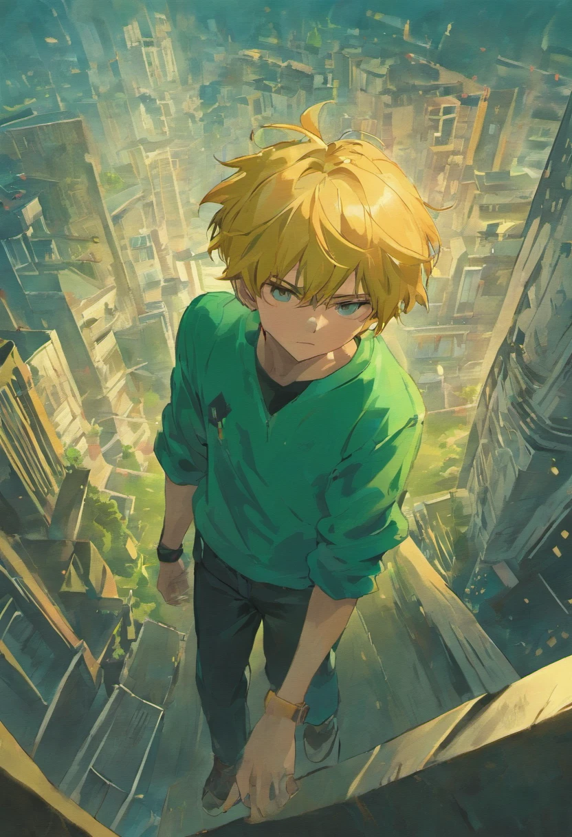 personagem masculino de 17 anos com cabelos castanhos e heterocromia, tendo um olho verde e o outro azul. He's on a hill, com um olhar meio triste, Reaching out towards a destroyed city