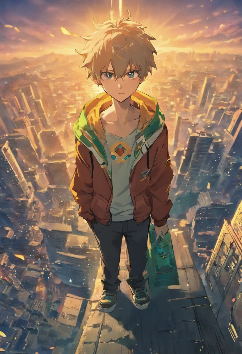personagem masculino de  com cabelos castanhos e heterocromia, tendo um olho verde e o outro azul. He's on a hill, com um olhar meio triste, Reaching out towards a destroyed city