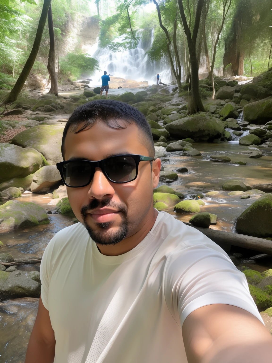 there is a man taking a selfie in the woods, em uma caverna com a cachoeira, em um ambiente de selva, em frente a um fundo de floresta, na selva, ao lado de uma cachoeira, em uma selva, in front of an amazing forest, no pico da floresta da selva, nas montanhas, standing near a waterfall, na floresta da selva, na selva, nas montanhas