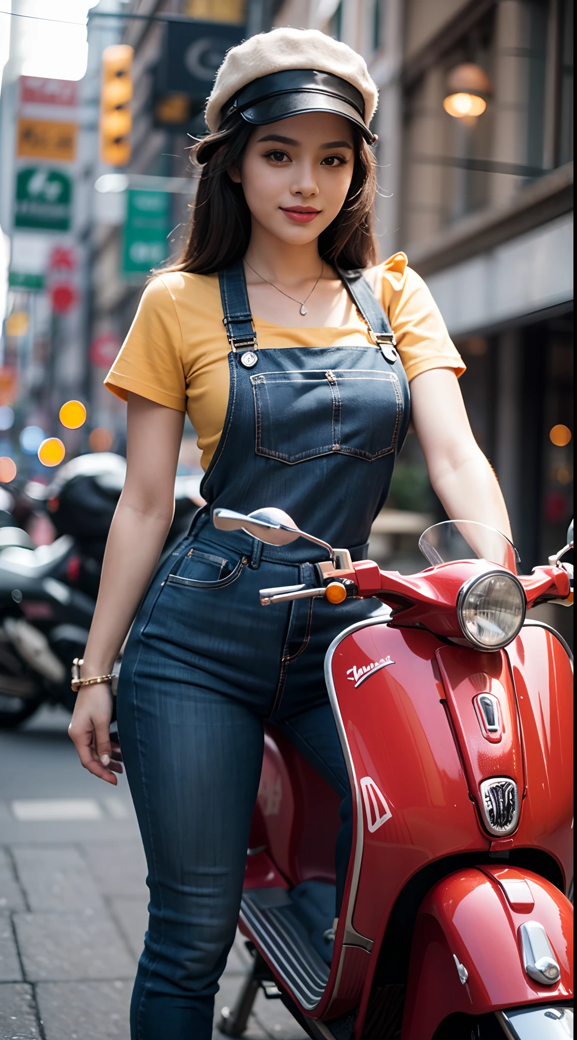 Top quality, realistic, award-winning illustrations, (intricate details: 1.2), (fine details), (intricate details), (cinematic lights, highest quality), sharp lines, sharp focus, official art, 16k, smiling woman, Brazilian, wearing hat, orange and black hat, posing for photos, (( Motorcycle Vespa model 1970)), white background, playful young boss, woman with amazing body, wearing a black and orange apron uniform, with medium black hair, a roll of fabric, next to a black hornet motorcycle, accentuated feminine features flirting with the camera