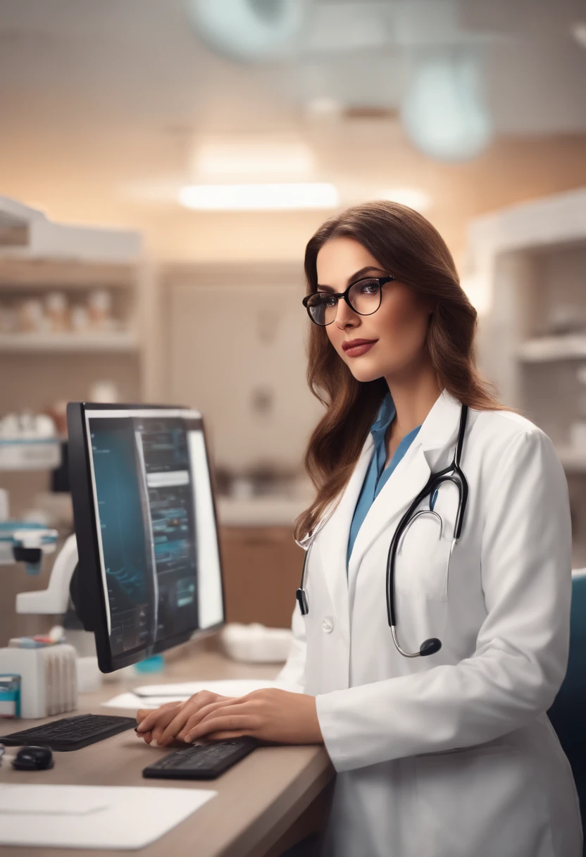 Make a chubby woman, black frame glasses with long straight brown hair and white strands scattered Pixar style with white lab coat holding in his hands a sucker in a dental clinic