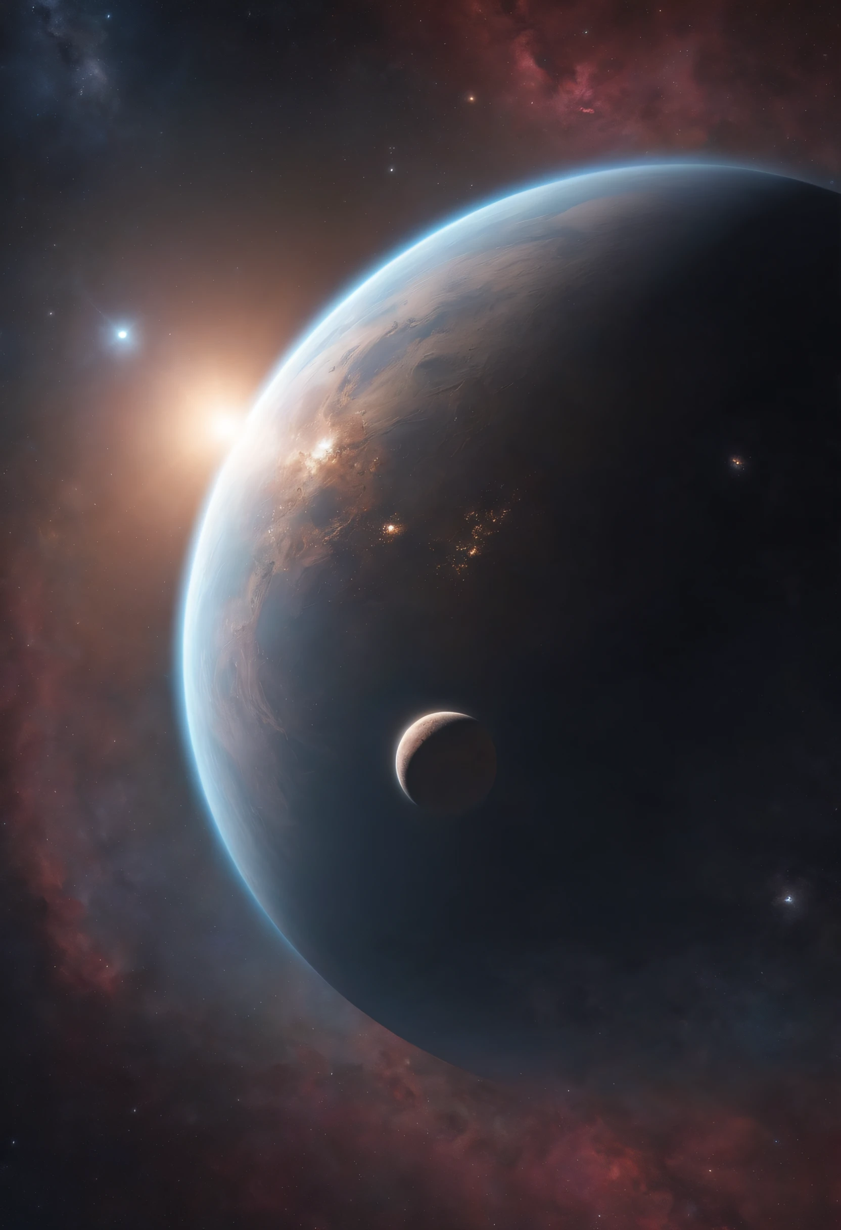 high quality,4k,8k,highres,masterpiece:1.2,ultra-detailed,realistic:1.37,space planet,stellar world,intergalactic,cosmic universe,futuristic scenery,alien landscape,galactic art,sci-fi fantasy,extraterrestrial planets,star nebula,colossal celestial body,astronomical wonders,interstellar exploration,vivid colors, mesmerizing lights, breathtaking view, ethereal sky, dazzling stars, deep space voyage, astronomical phenomenon, surreal atmosphere