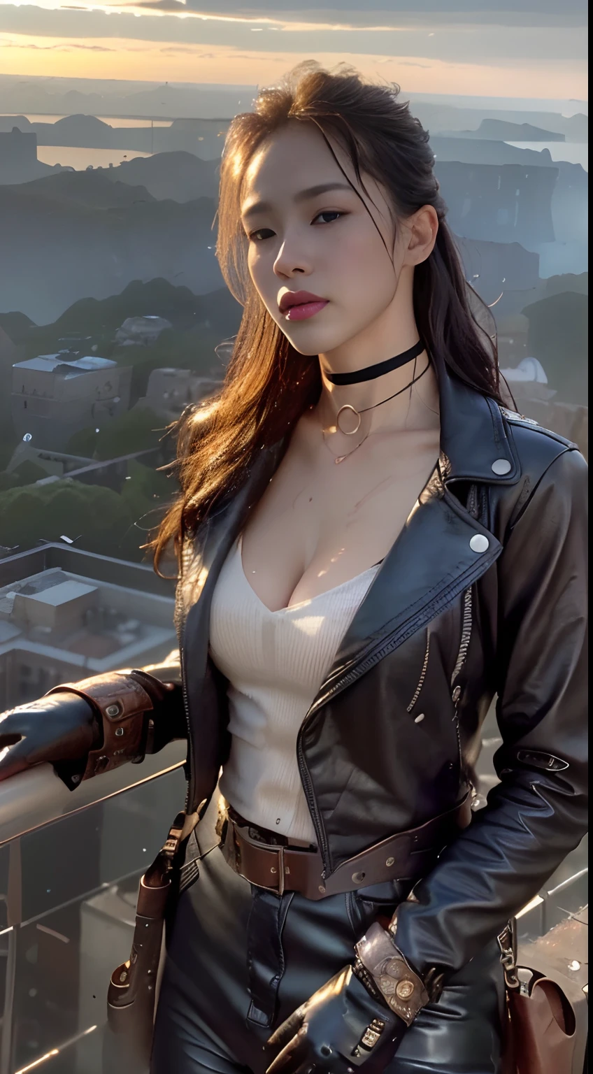 (a detailed portrait RAW photo of a gorgeous beautiful ((Finnish)) , Realistic, Solo, Front view,POV,looking in camera, Flirting with the camera, (masutepiece),(Photorealistic:1.3), NFSW, Ultra-detailed, (High detailed skin:1.2),(Best Quality:1.0), (超A high resolution:1.0),(by samdoesart, Antonio J. Manzanedo), Fit, Back Light, the golden hour, Petite, Choker, slim, Choker, Beautiful, Wearing a stylish leather jacket with intricate gears and goggles, Voluminous ones, Updated styled hair、Gear and cogs as accessories, Accessorized with leather gloves and a utility belt with various gadgets, Posing with one foot on the edge of an airship, looking off into the distance, Captured from an above view angle, The scene set in a steampunk-inspired sky filled with floating islands and mechanical contraptions.Best Quality, 4K, masutepiece :1.3), prety woman, 1girl in, (v neck,cleavage of the breast,Colossal tits, Sensual body lines,Feminine body line,Attractive body :1.2), Abs :1.1, Silvery hair: 1.1, (rainy wet, Wet from rain, Wet body :1.2), Ultra-detailed face, Detailed lips, Detailed eyes, 二重まぶた