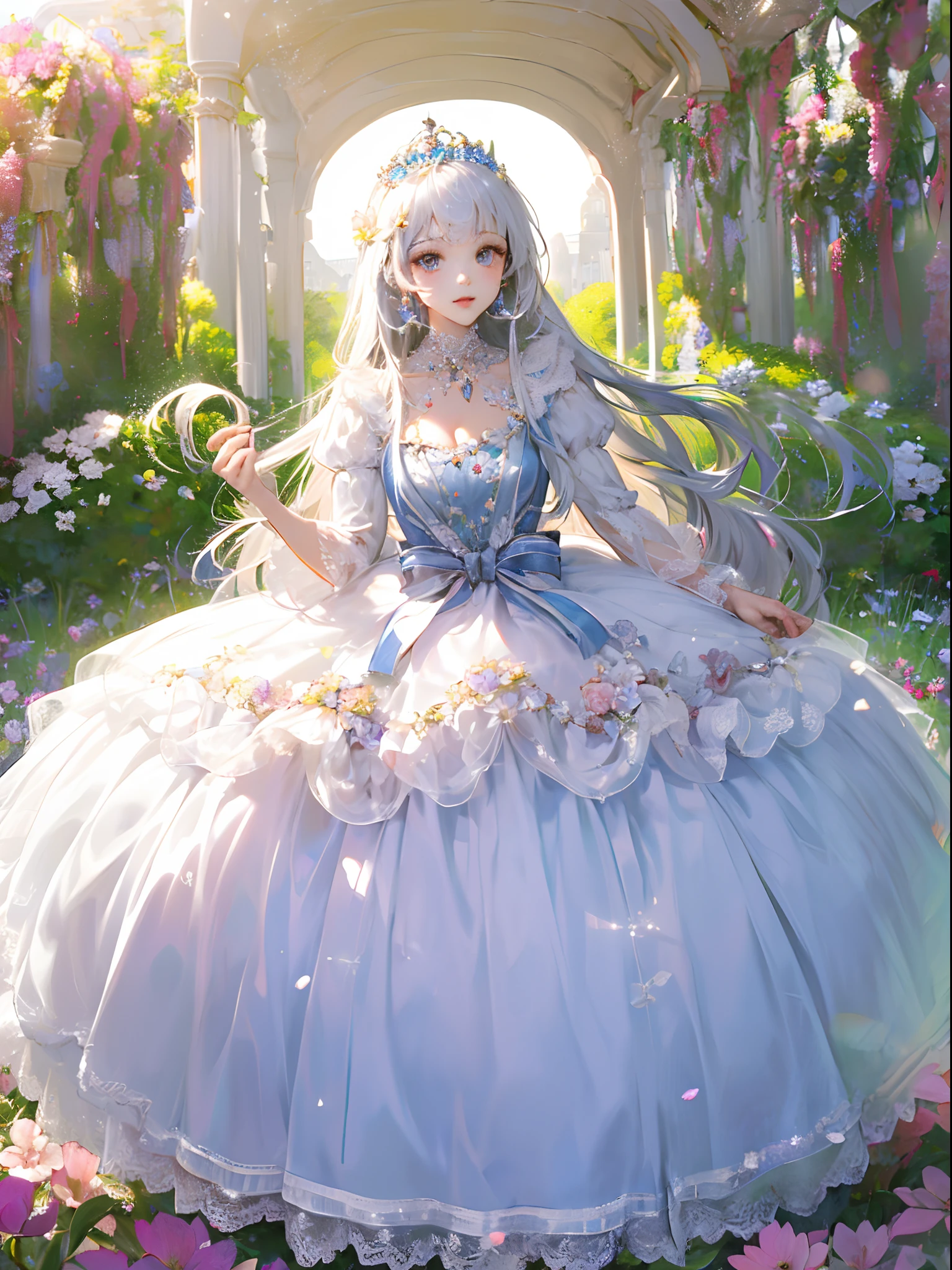 ((Anime Art Style)),(masutepiece),(Best Quality), (Super Detail),((Very delicate and beautiful)),(((Solo))),((Full body portrait)),(((One princess in a gorgeous princess ball gown and a voluminous full-length hoop skirt))),((crinoline)),Long Train,((Stand in the garden)),(Gorgeous Gemstone Jewelry),Detailed face and eyes,Eyes Like Gems,((Large amount of straight hair,Very voluminous hair,Very long colorful straight hair)),((Very delicate flowers)),cleavage,Very gorgeous hair ornament,((Tiara adorned with glitter and very gorgeous jewels)),((Dynamic Angle)),Looking at Viewer,,Flowers,Petals flow,(((Voluminous princess dresses)))