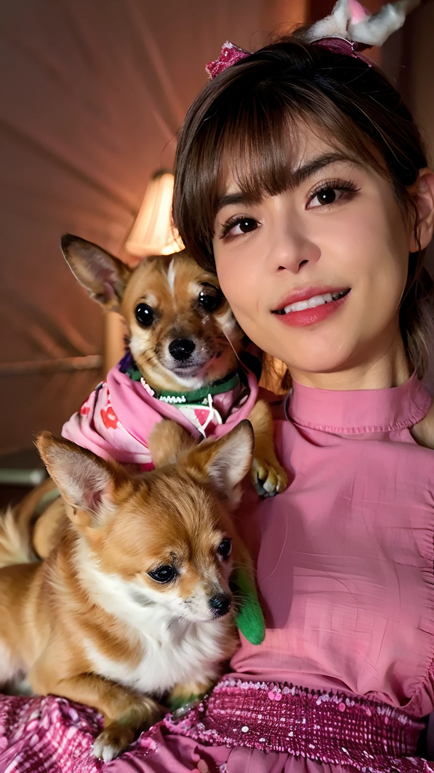 Araffe woman in a pink shirt holding a small dog, imagem de qualidade muito baixa, non blurry, fotografia de baixa qualidade, Chihuahua, fotografia do perfil, Noite!, imagem de perfil, modelagem para dulce e gabanna, Directed by: Elaine Duillo, Jaqueline E, fotografia, photo taken at night, coluna, bonito, muito bobo olhando