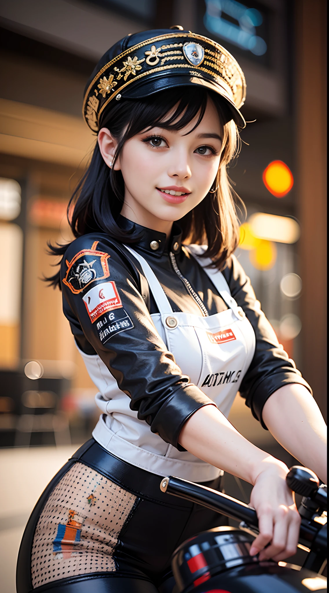 Best quality, realistic, award-winning illustration, (complicated detail: 1.2), (fine detail), (complicated detail), (cinematic lights, best quality), sharp lines, sharp focus, official art, 16k, on a white background, A thin woman with smiling face, Brazilian, orange cap with black, medium hair black color, wearing jeans posing for a photo, motorcycle wasp model 1970, character design style george lucas,  White background, a playful young boss, black apron uniform with orange, amazing body, pronounced feminine characteristic, flirting with the camera.