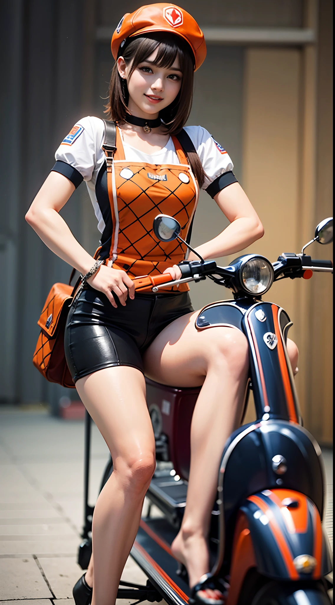 Top quality, realistic, award-winning illustrations, (intricate details: 1.2), (fine details), (intricate details), (cinematic lights, highest quality), sharp lines, sharp focus, official art, 16k, smiling woman, Brazilian, wearing hat, orange and black hat, posing for photos, (( Motorcycle Vespa model 1970)), white background, playful young boss, woman with amazing body, wearing a black and orange apron uniform, with medium black hair, a roll of fabric, next to a black hornet motorcycle, accentuated feminine features flirting with the camera