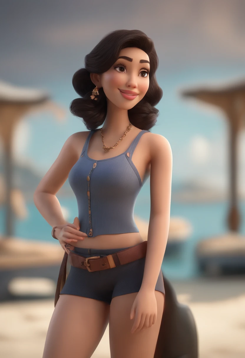 Cartoon character of a Japanese woman with long wavy calebos with pink tips stands with a black tank top and tattoo on the right side of marine elements , animation character, Caractere estilizado, animation style rendering, 3D estilizado, Arnold Maya render, 3 d render stylized, toon render keyshot, Personagem 3D, Personagem 3D, 3d rendering stylized, 3 d character render, personagem de desenho animado, Personagem de close up, Pose de personagem, (Estilo Pixar) (master part:1.2) (Bokeh) (best quality) (pele detalhada) (textura detalhada) (8k) (argila) (Cinematic lighting) (foco nítido