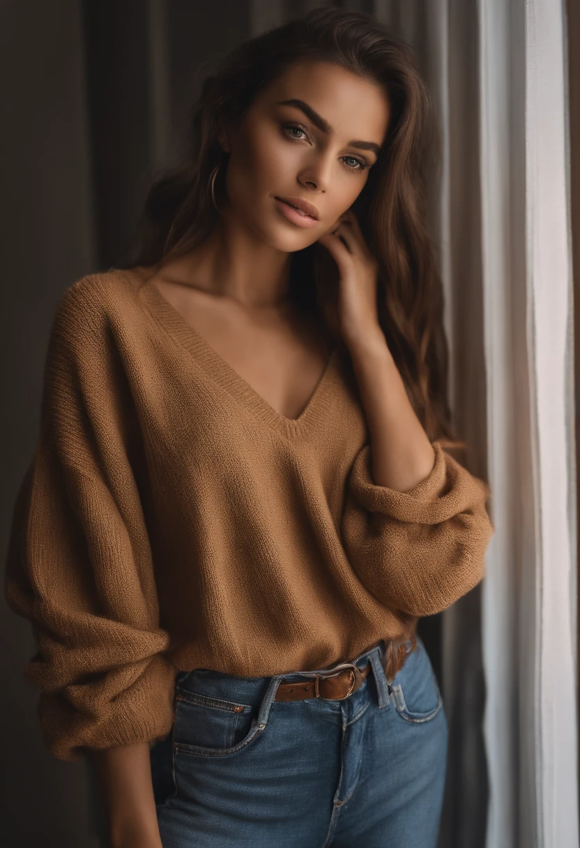Femme arafed avec pull et jean assortis, jolie fille aux yeux bruns, Portrait Sophie Mudd, cheveux bruns et yeux normaux, Selfie d'une jeune femme, Yeux de chambre, Violet Myers, sans maquillage, maquillage naturel, Regarder directement la caméra, Visage avec Artgram, Maquillage subtil, Superbe photo du corps entier, dans la chambre, clivage