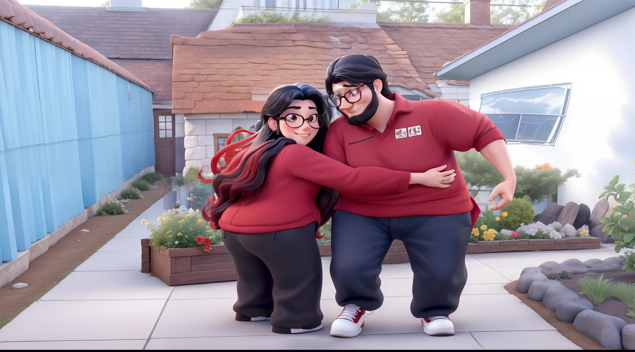 Faithfully recreate the image of the woman with long black hair and red-rimmed prescription glasses hugging the black-haired man, without glasses hugging each other in a beautiful garden and a beautiful white house with blue openings in the background in Disney Pixar style in high quality.