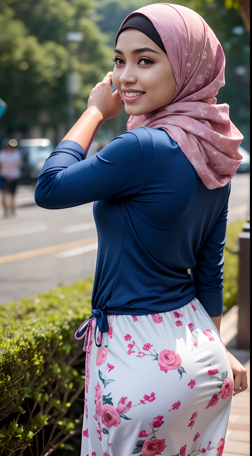 RAW, Best quality, high resolution, masterpiece: 1.3), beautiful Malay woman in hijab (iu:0.8),Best quality, high resolution, Masterpiece: 1.3, Beautiful hijabi malay girl, Masterpiece, Soft smile, bright sunshine, hiking clothes, pullover, long pants, highres,4k,HDR,1girl, photorealistic, realistic,sweat skin, wet clothes, wet body, big breast, ((full body))soaked, dripping, smiling at viewer, closeup,Malay girl in hijab wear small floral baju kurung malaysia in college, wear back pack, back view, detail skin, detail skin texture, mole below eyes, big hip, big waist, big round ass, big thigh, slim abs, beautiful body, nighttime, laughing, happy, bright lighting, college student in background, crowded college, blur background, bokeh,