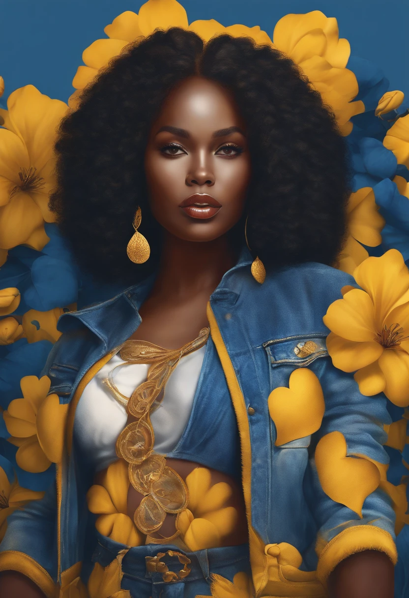 Corpo da mulher gorda, Pele morena, cabelo curto vermelho afro, Cropped amarelo " sobre ele e jeans ,e , Hearts in shades of blue and blue, ouros, pearling, illustration, 3D-rendering, fotografia, Realistic, olhos negros, anime, fotografia, moda, Tipografia, illustration