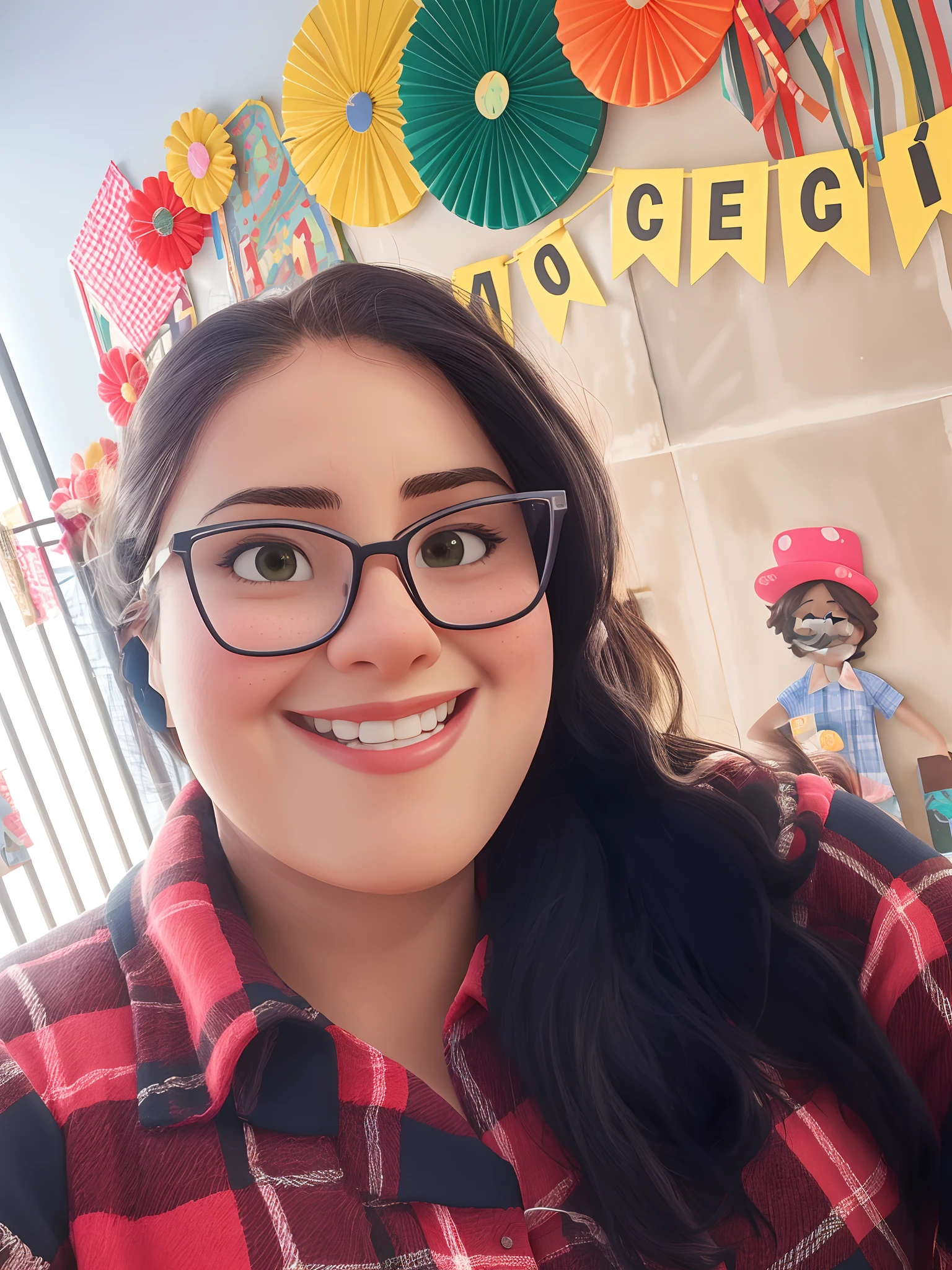 Smiling woman in glasses and plaid shirt in front of a wall with decorations, Lorena Avarez, Alanis Guillen, staring directly at camera, foto modo retrato, imagem de qualidade muito baixa, imagem de perfil, foto do snapchat, assunto completo mostrado na foto, Karla Ortiz, 1 / 2 headshot, happily smiling at the camera, inspired by Gina Pellón