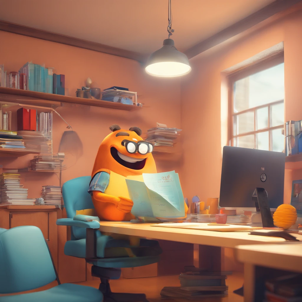 Crie um cartaz inspirado na Disney Pixar com o personagem sendo um advogado de 43 anos com barba e oculos, ussndo camisa branca com gravata azul escuro, In an office with a calendar of notes, Olhando para frente e com leve sorriso