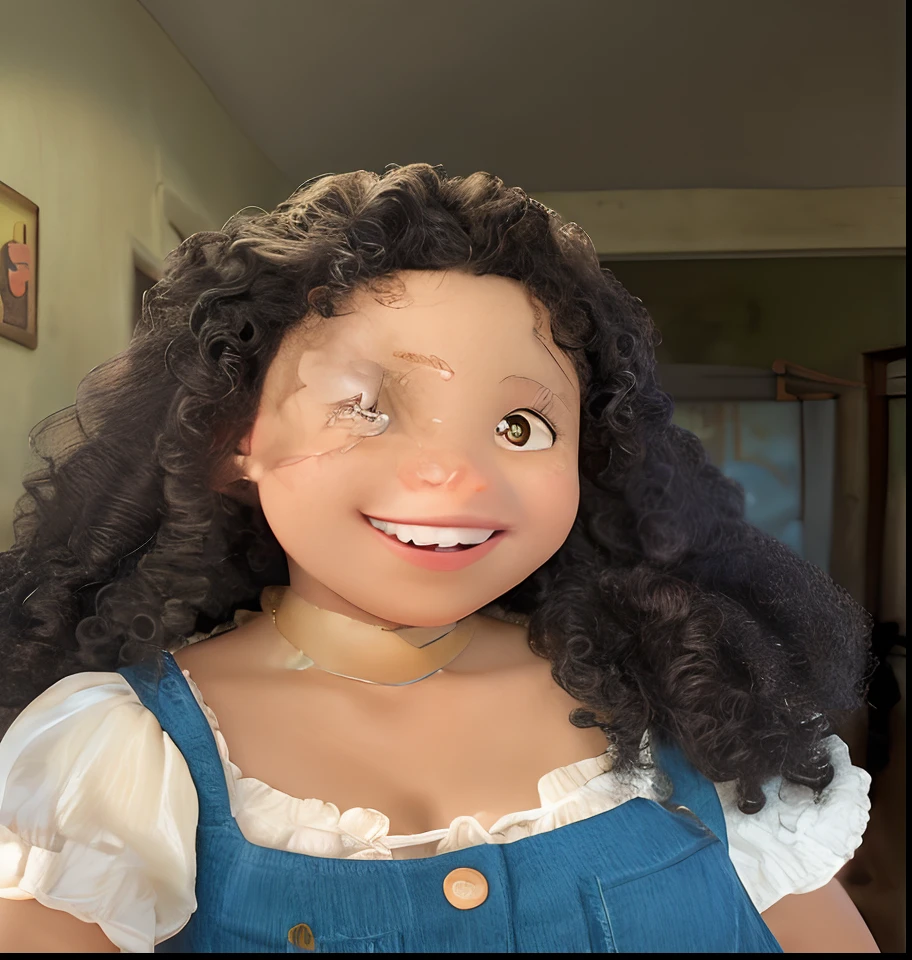 Capa de filme estilo Disney, uma menina preta com olhos castanhos, Dark skin and curly hair fiddling on iPhone with amusement park background