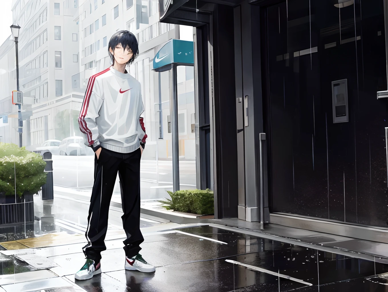 Venom standing in the rain with cup raining wearing nike sweater long pants