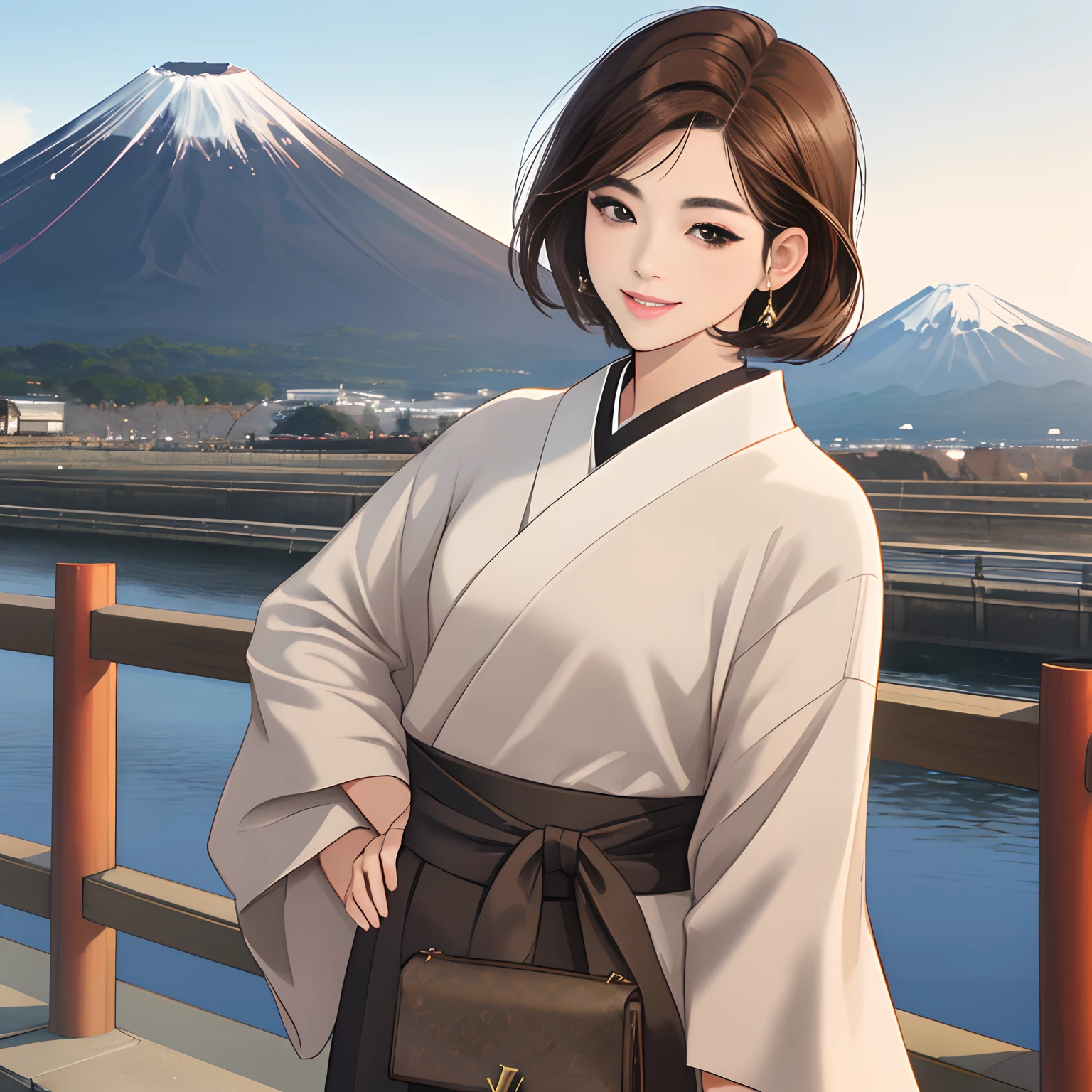 short-cut,femele,dark brown hair,japanes,Cool,lo fashion,(mannish),Louis Vuitton,30generation,A heavy eyelid,(Black eye),(Breakdown),Mt fuji,Refreshing,Standing,Turning Pose,Bright smile
