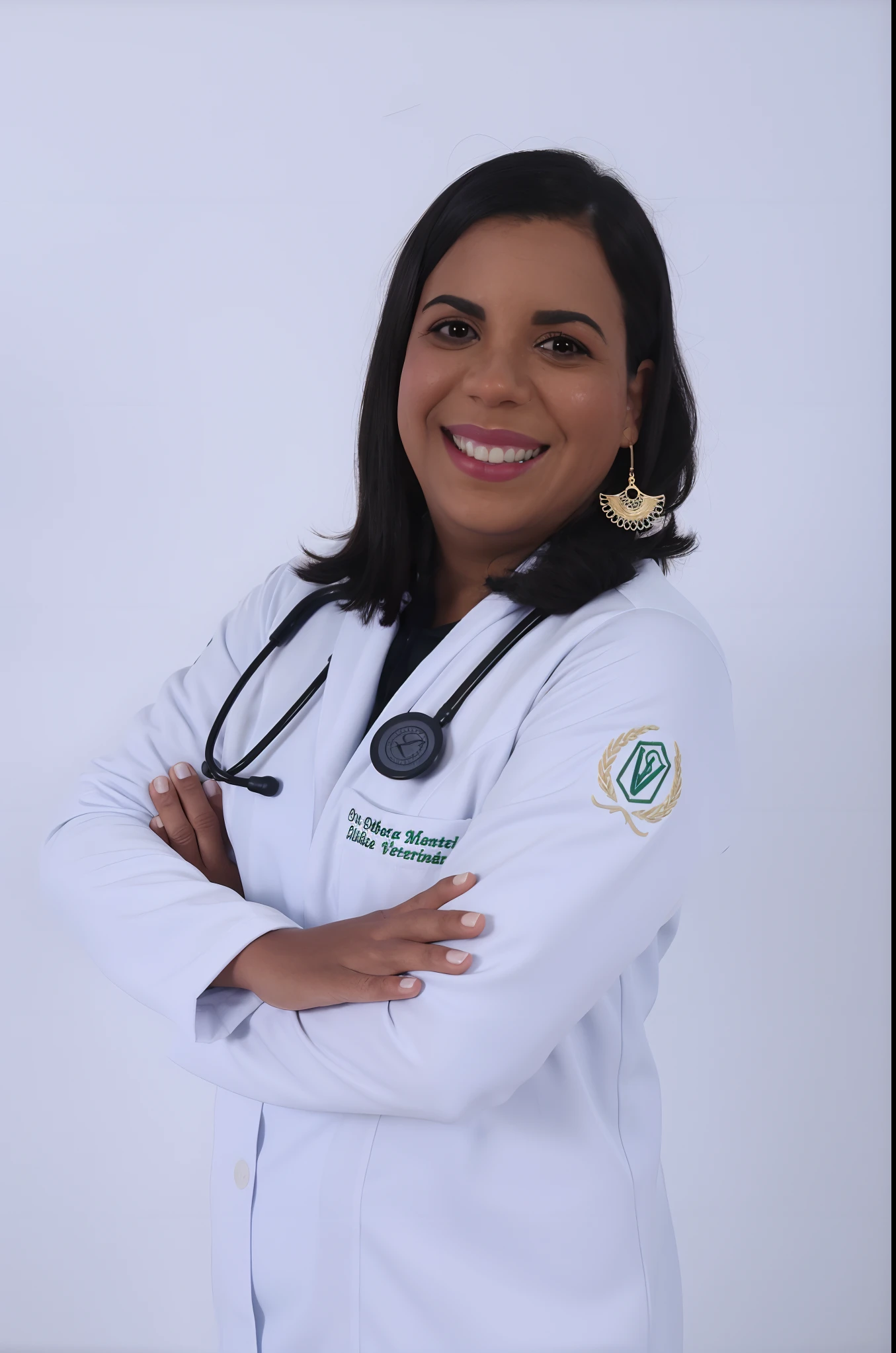 arafed woman in a white lab coat with a stethoscope, medic, Adriana DXIM, medic, fernanda suarez, Directed by: Willian Murai, by Amelia Peláez, (medic), Anos Imane, vestindo jaleco e blusa, Malika Favre, Estefania Villegas Burgos, Directed by: Herbert MacNair
