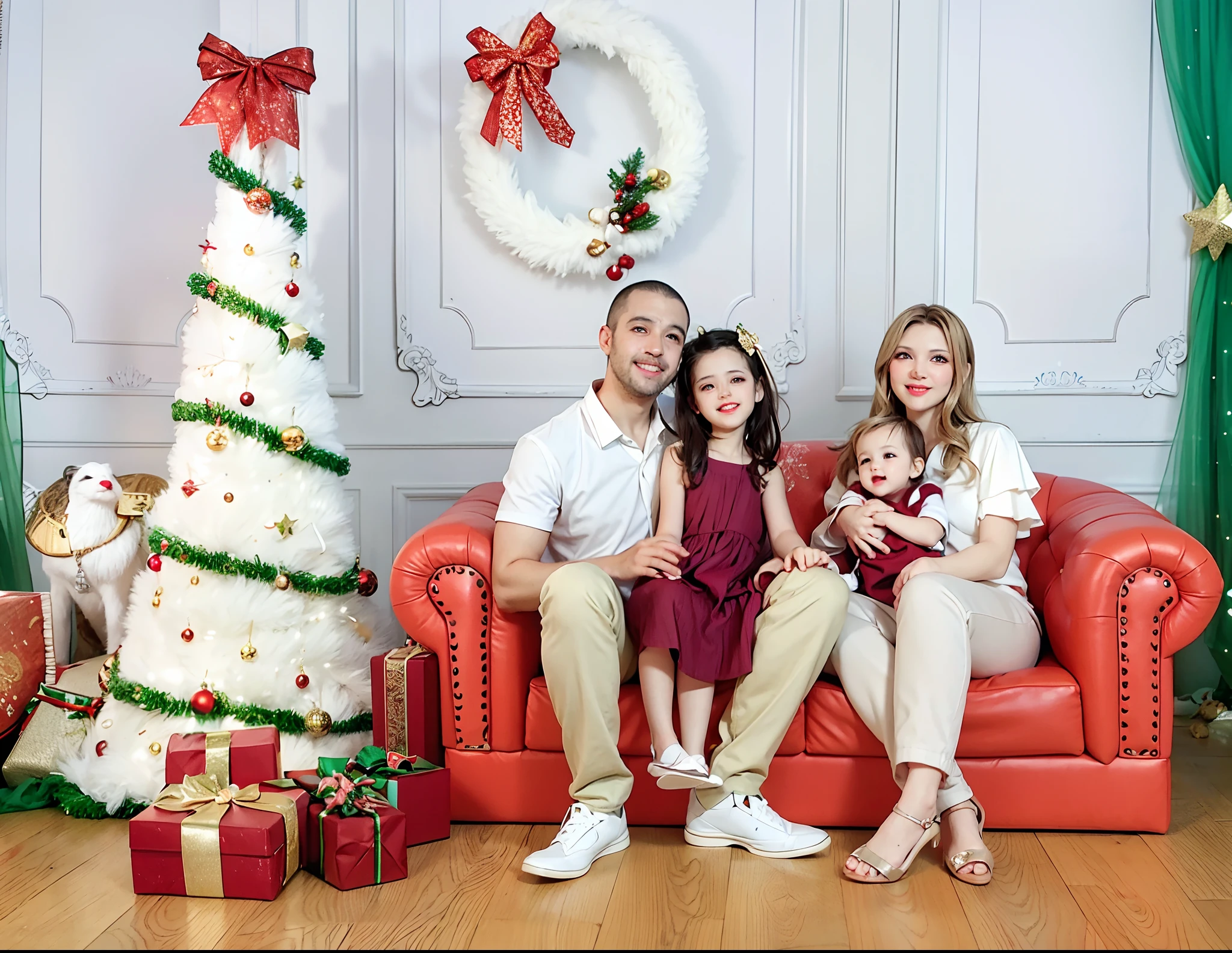 Araffe family sitting on a red sofa with Christmas decorations, imagem retrato, family photography, holiday season, home fotografia retrato, imagem interna, Happy family, retrato de alta qualidade, Family photo, portrait of family of three, family portrait, tema de cores vermelho e branco, feriado, product introduction photos, imagem de perfil, photoshoot retrato de alta qualidade, Natal, Postagem 4k