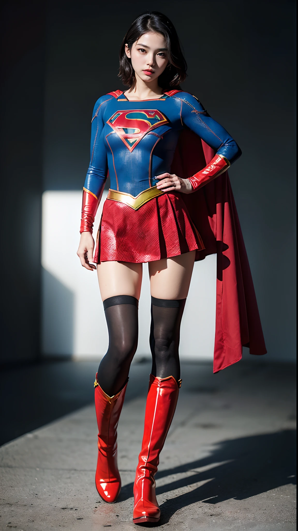 Beautiful girl fighting、japanes、Cute Beautiful Girl、(((Wear black tights on your beautiful legs.)))、(((beauty legs)))、(((Open thighs)))、((((Make the most of the original image)))、(((Supergirl Costume)))、(((Beautiful hair with short cuts)))、(((Injured)))、(((Be sure to wear black tights on your feet)))、(((You need to wear red boots)))、((Top image quality、8K))、((top-quality、8K、masterpiece:1.3))、(((Keep your background simple)))、Crisp focus:1.2、Beautiful woman with perfect body shape:1.4、Slender Abs:1.2、a wet body:1.5、Highly detailed facial and skin texture、8K、Keep your background simple