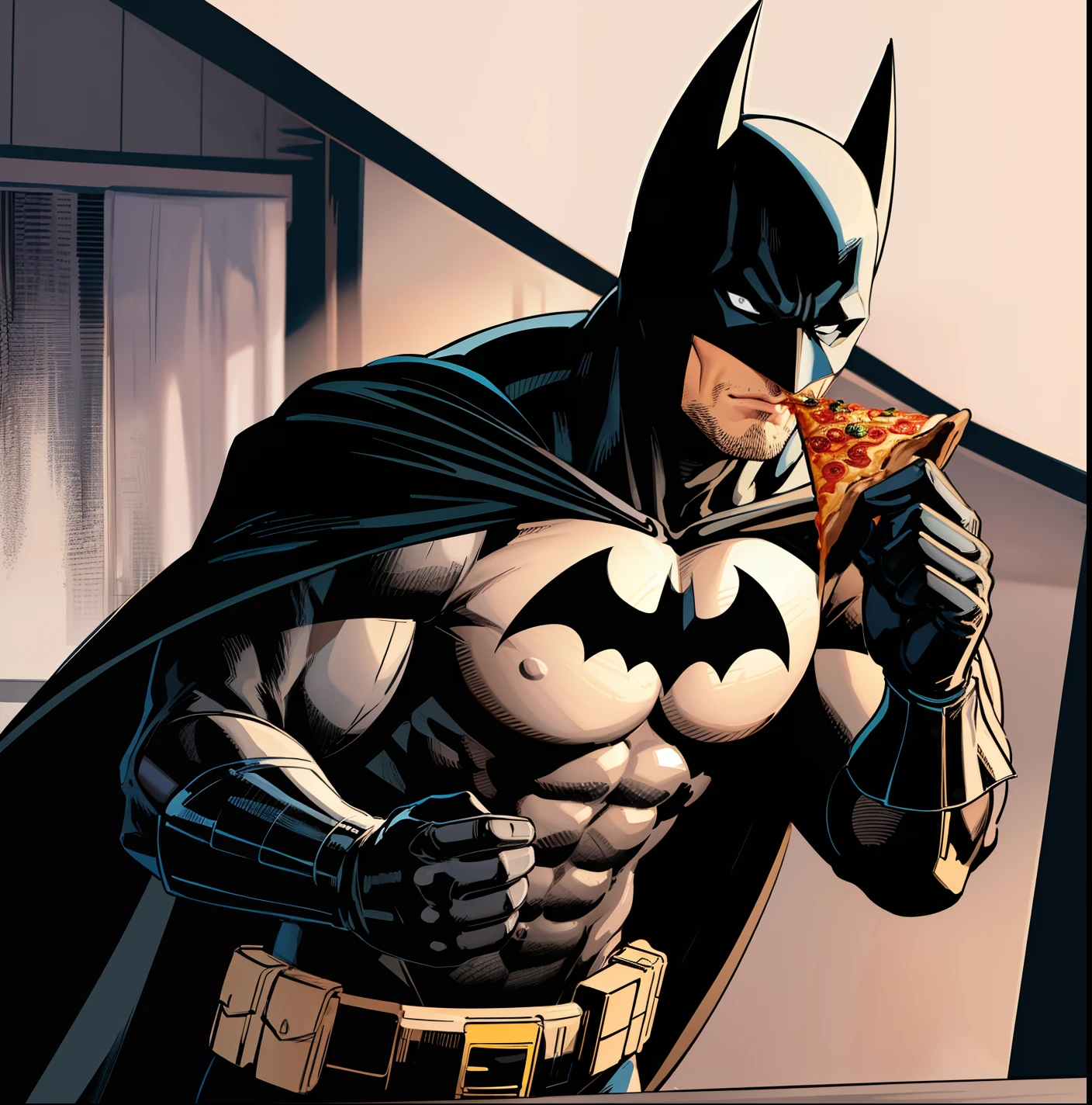 batman,grey bodysuit,utility belt,black cape,black gloves,superhero,eating pizza