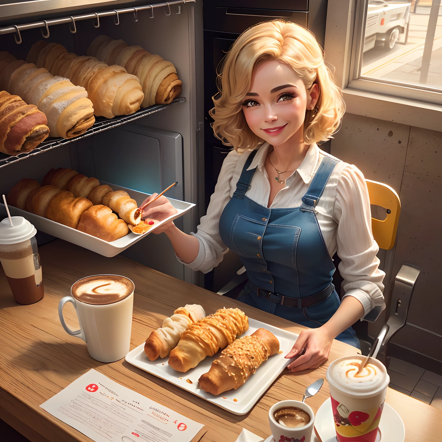 Arte Disney 3D Pixar mulher, 50 anos, rosto redondo e sorriso , cabelo curto e amarelo, com roupa de confeiteira, ambiente em lanchonete, com bolos e lanches na mesa, coffe in desk, croissants na mesa, refrigerantes na mesa, cores, very artistic