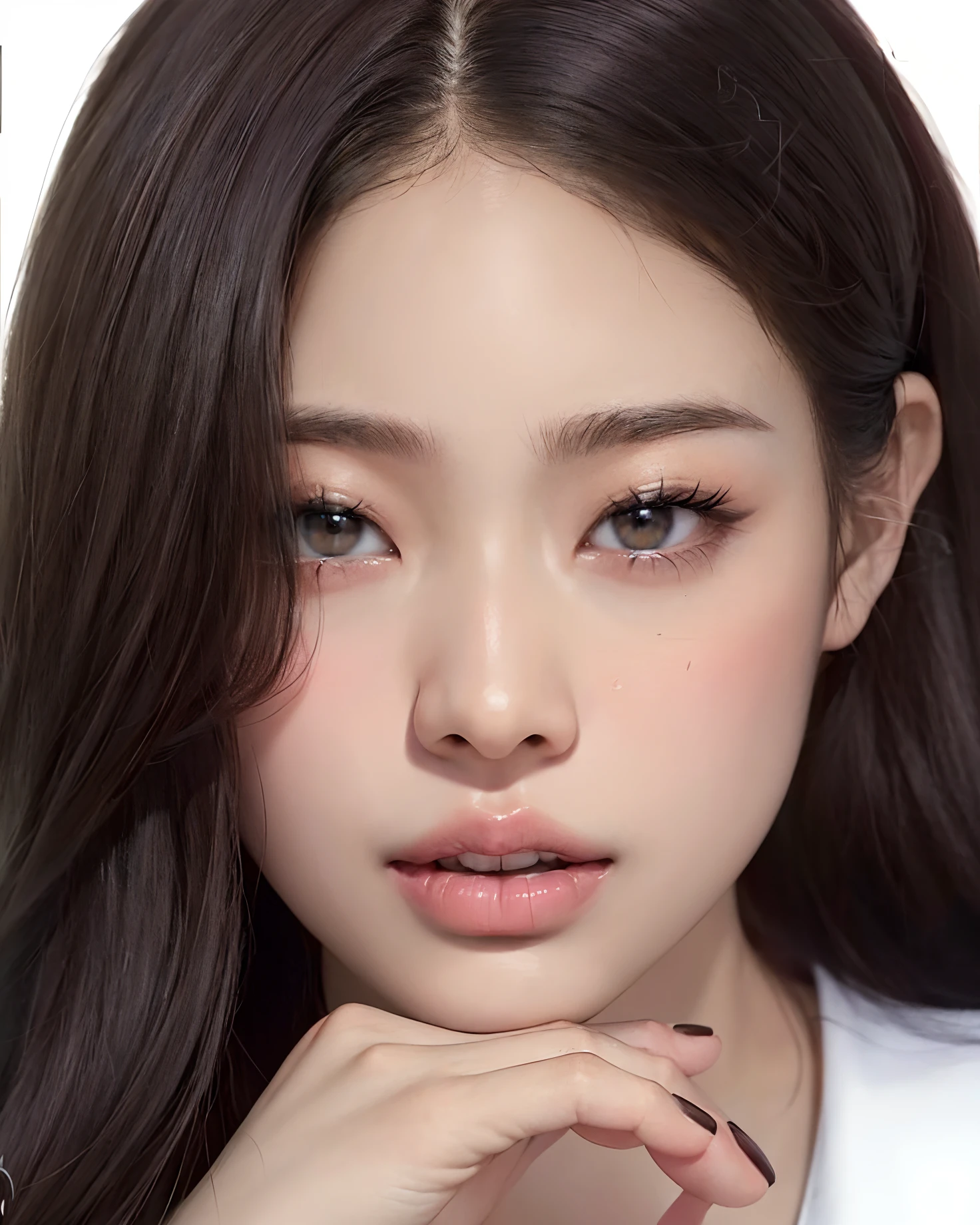 a close up of a woman with long hair and a white shirt, blackpink jennie, portrait jisoo blackpink, gongbi, lee ji-eun, lee ji - eun, shin min jeong, heonhwa choe, jaeyeon nam, ji-min, portrait of jossi of blackpink, park ji-min, taejune kim, jiyun chae, jinyoung shin