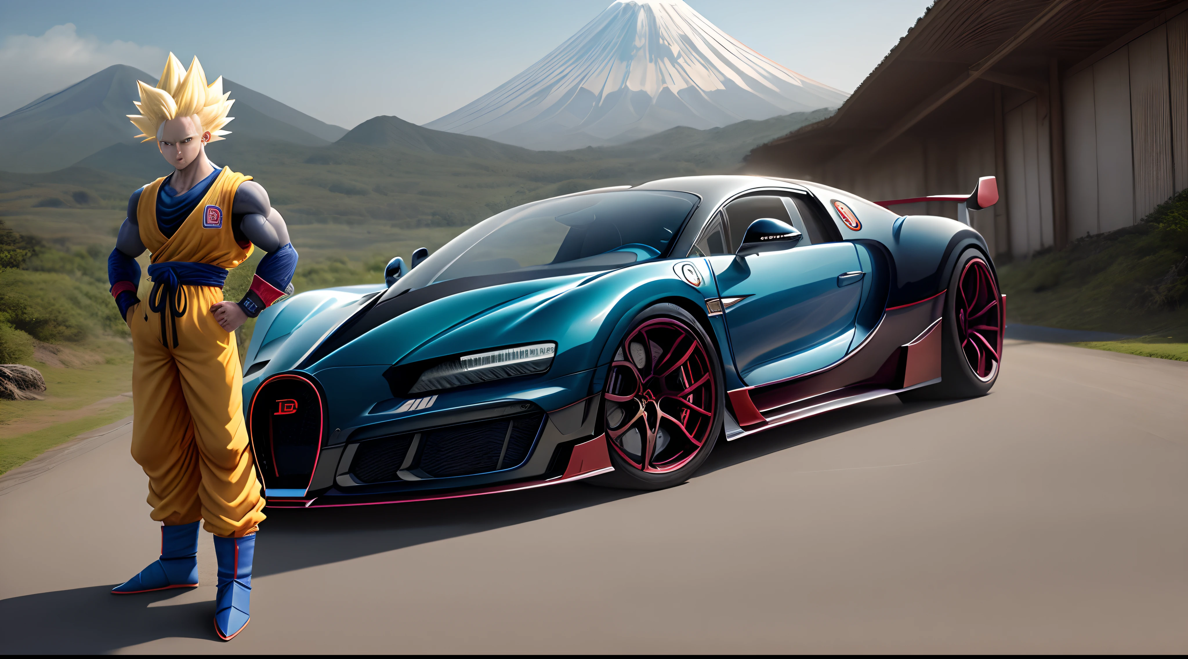 Gokuh, super Saiyan, hiperrealista, mucha calidad, Standing, el fondo detallado con el monte fuji, it has a hyper-realistic red Bugatti chirona right behind it