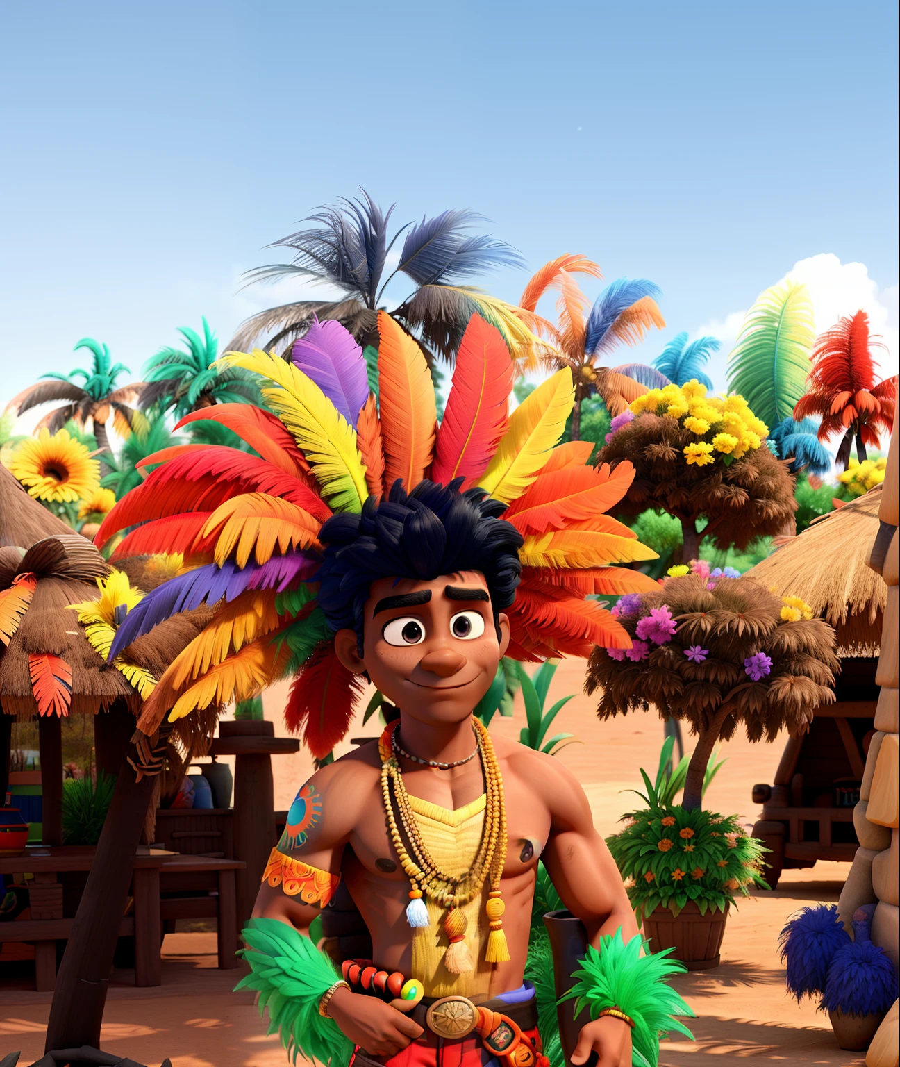 homem preto fantasiado de indio, com penas e plumas coloridas, 3d estilo disney pixar