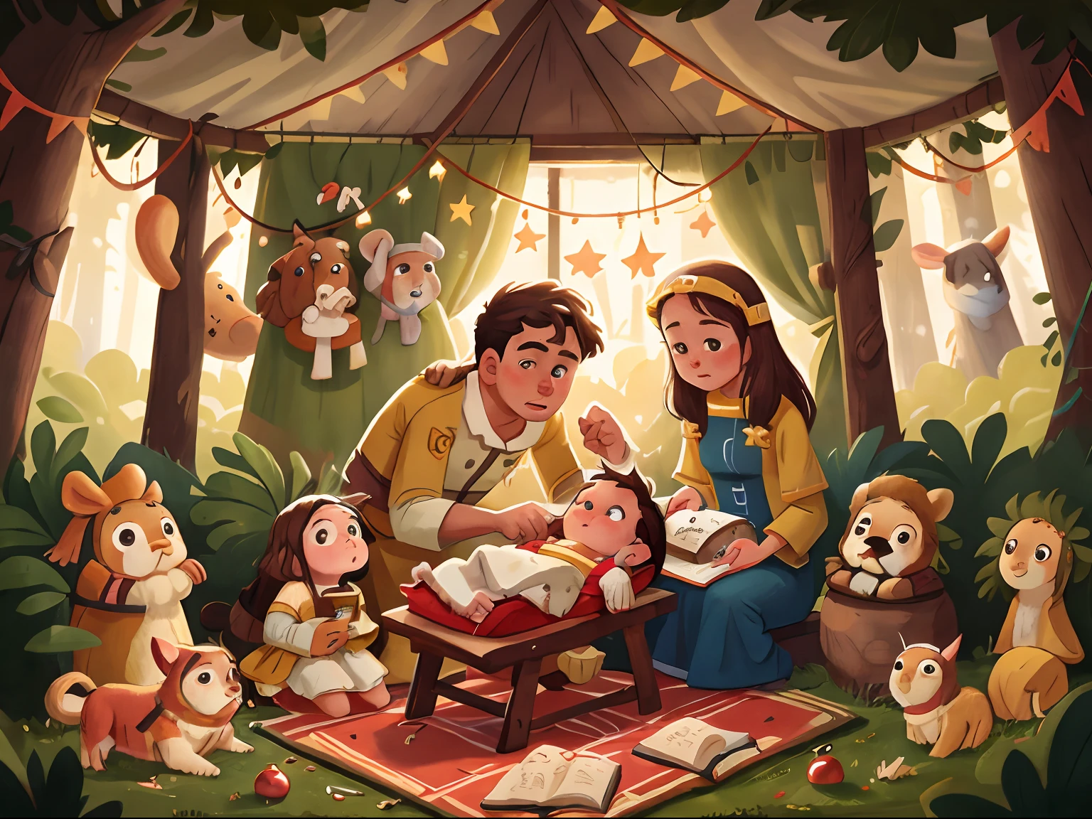 The Birth of the Newborn Jesus in the Manger. Newborn inside the manger with his parents watching him.