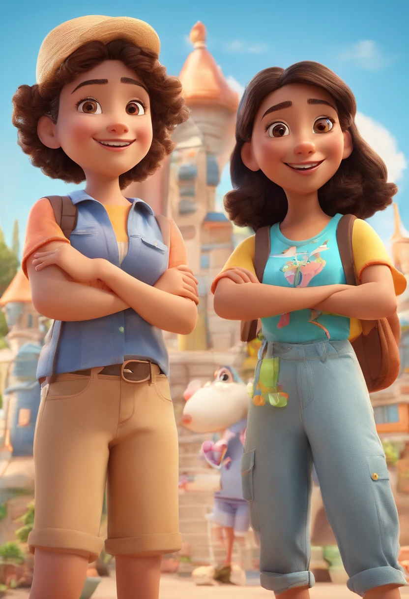 Cartoon of friends having fun on vacation together, 3D Animation Movie Poster, Poster de filme animado, pixar 3 d animation style, pixar renderman rendering, maia 8 mil, animated film, Disney Pixar Estilo 3D, amigos felizes saem juntos, all wearing light blue shirts and cream brown long pants, camisa azul clara, cream brown pants, ao ar livre, vacation, Disney Pixar Animation Poster